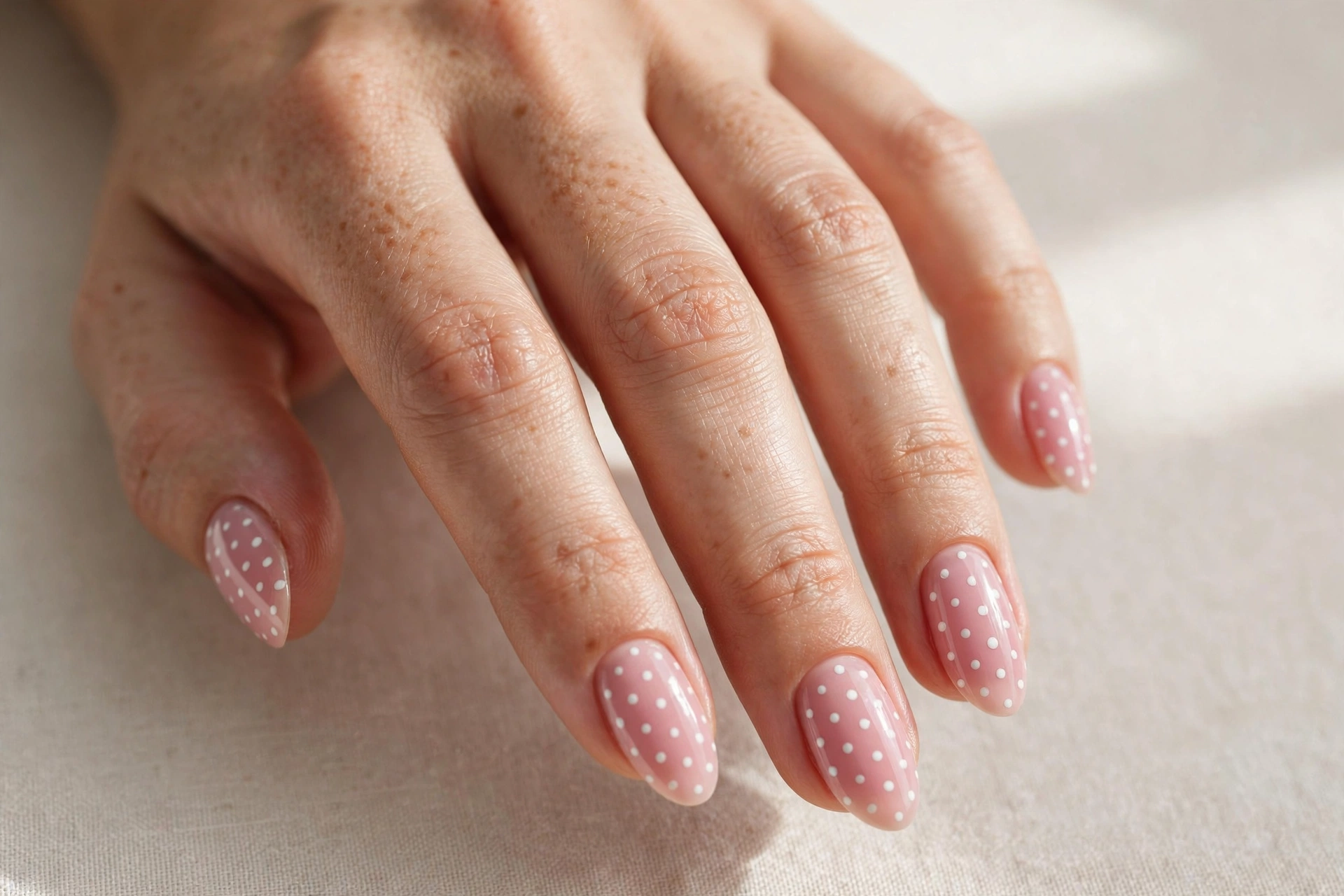 White polka dots on pink nails
