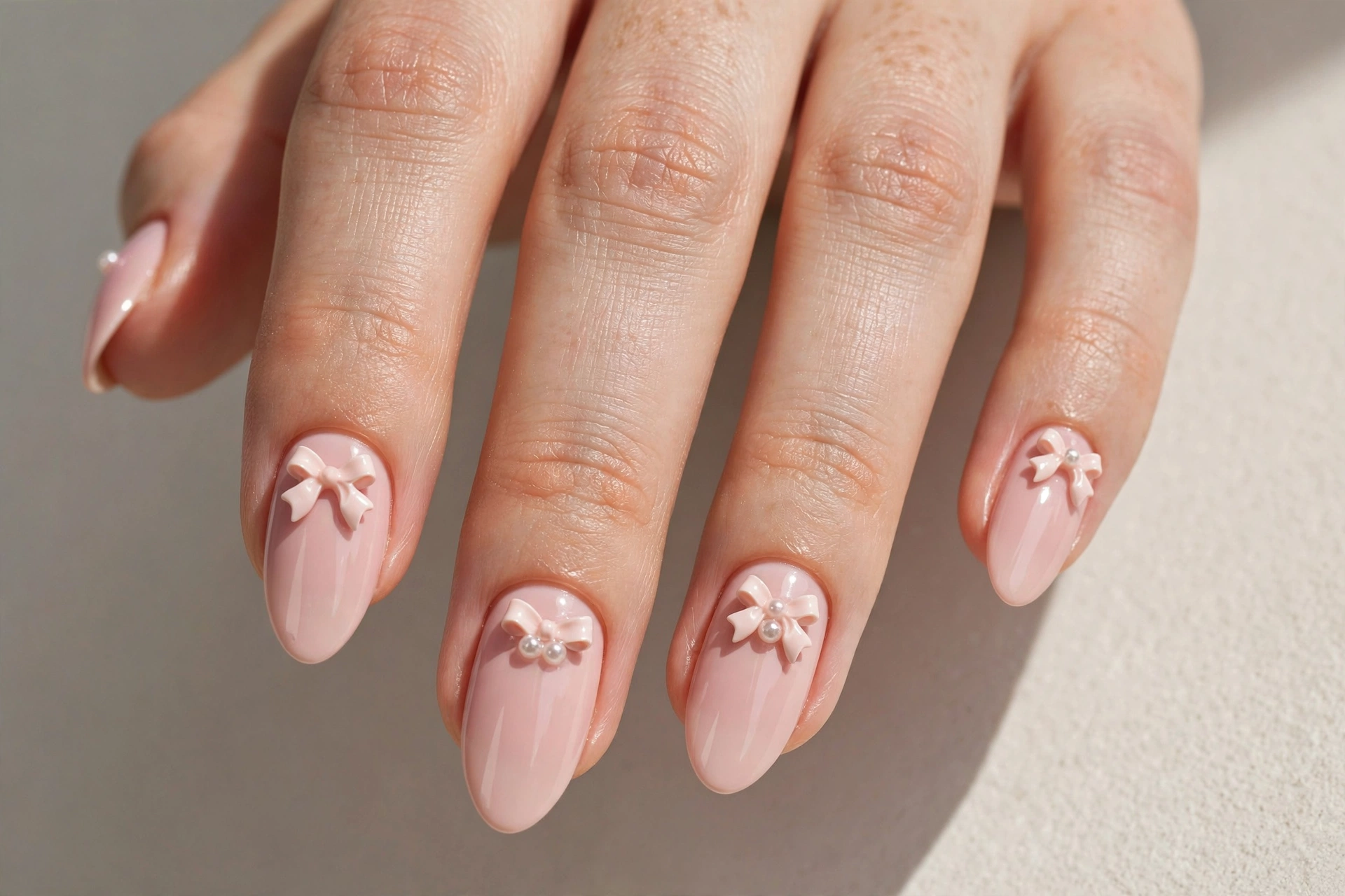 Blush pink nails with tiny bow and pearl accents