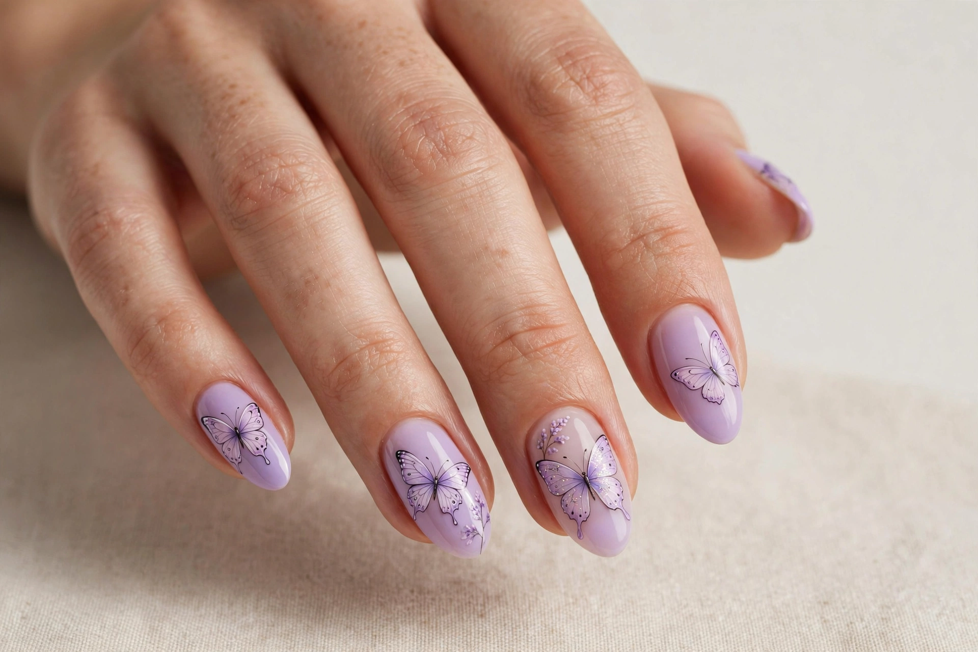 Lilac butterfly nail art on soft purple nails
