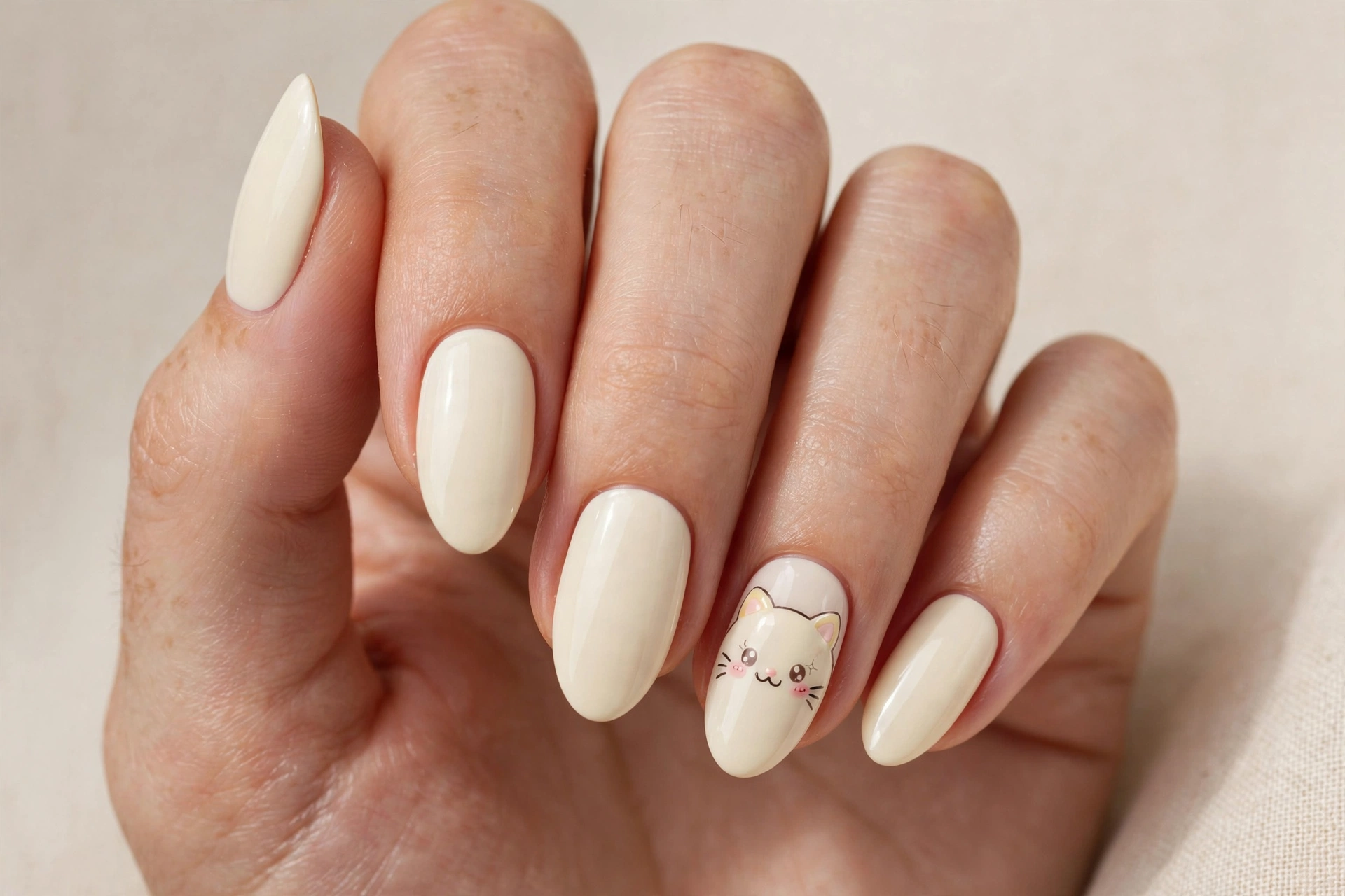 Kawaii cat face accent nail art on cream nails