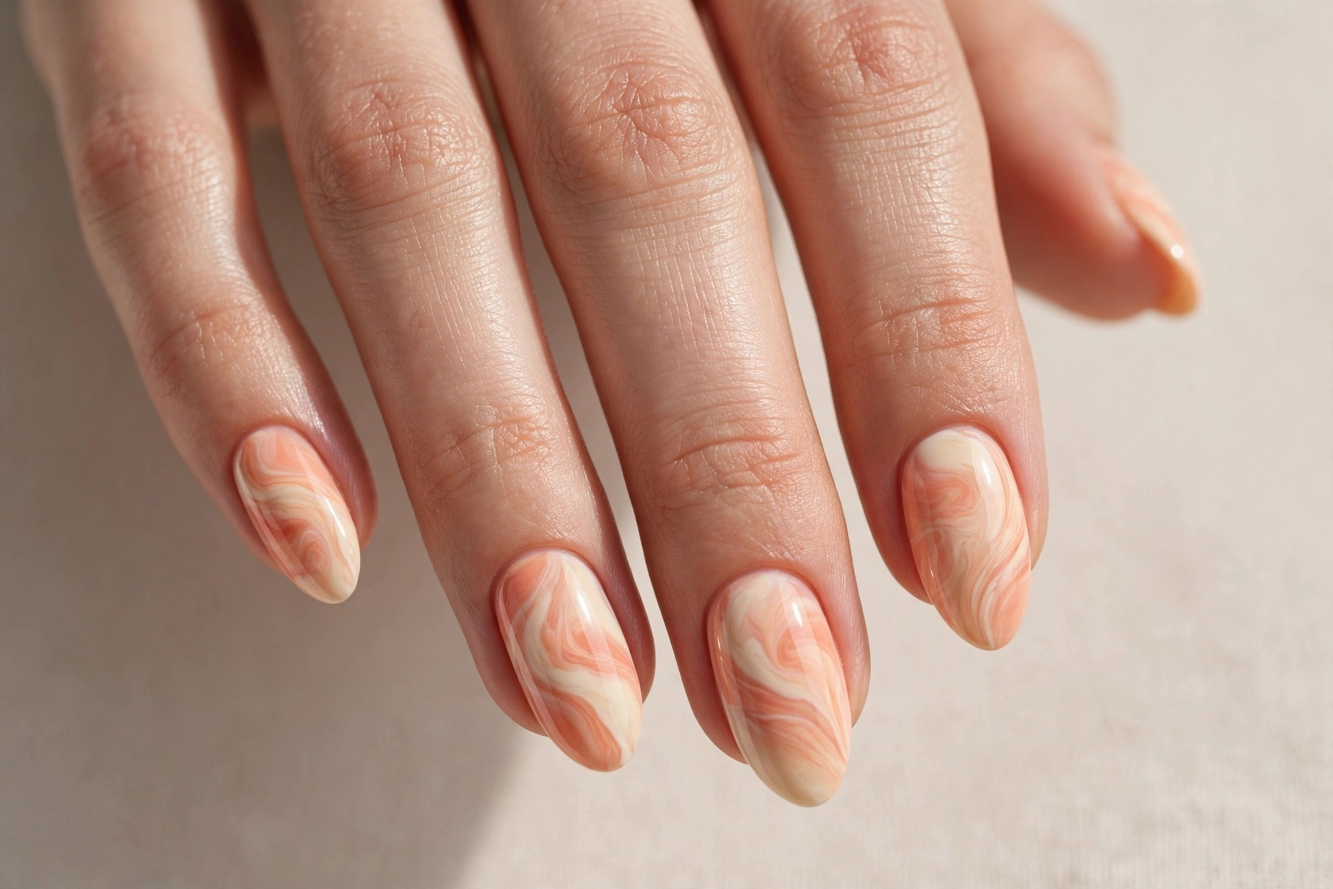 Peach and cream marbled swirl nails
