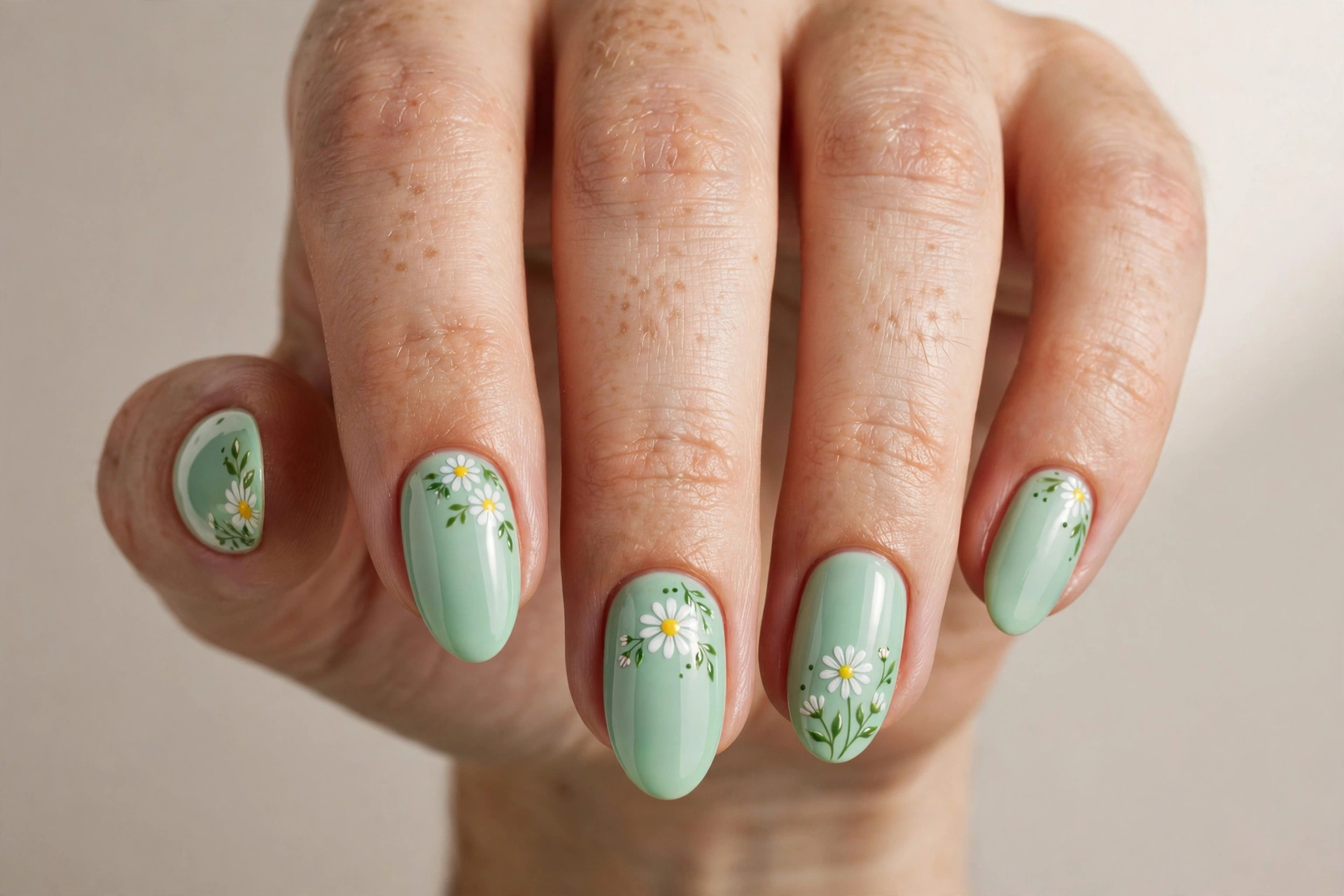 Mint green daisy nail art on pastel green nails