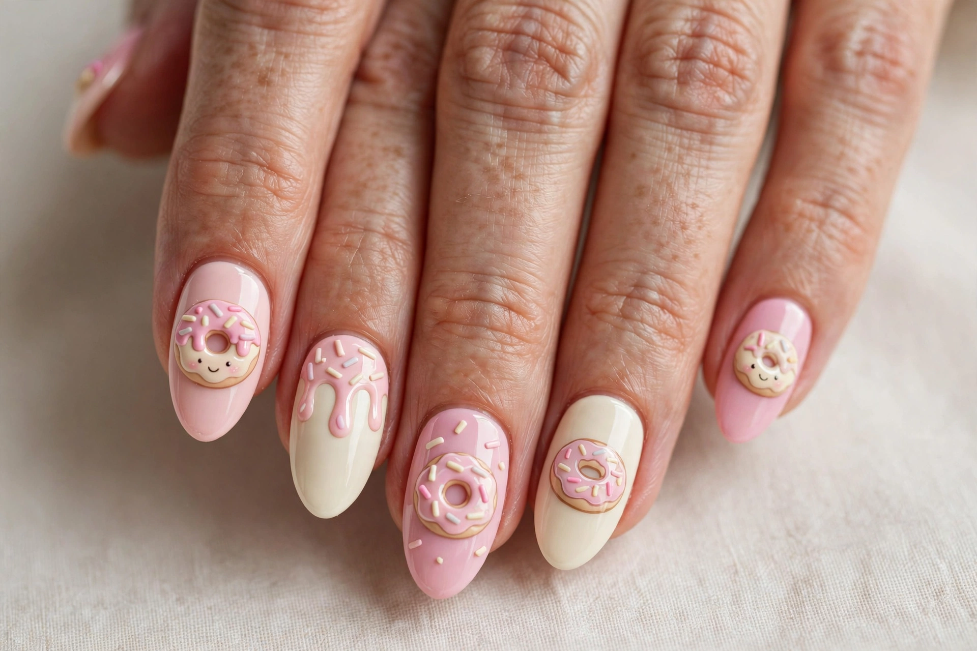 Kawaii pastel donut inspired nail art with sprinkles