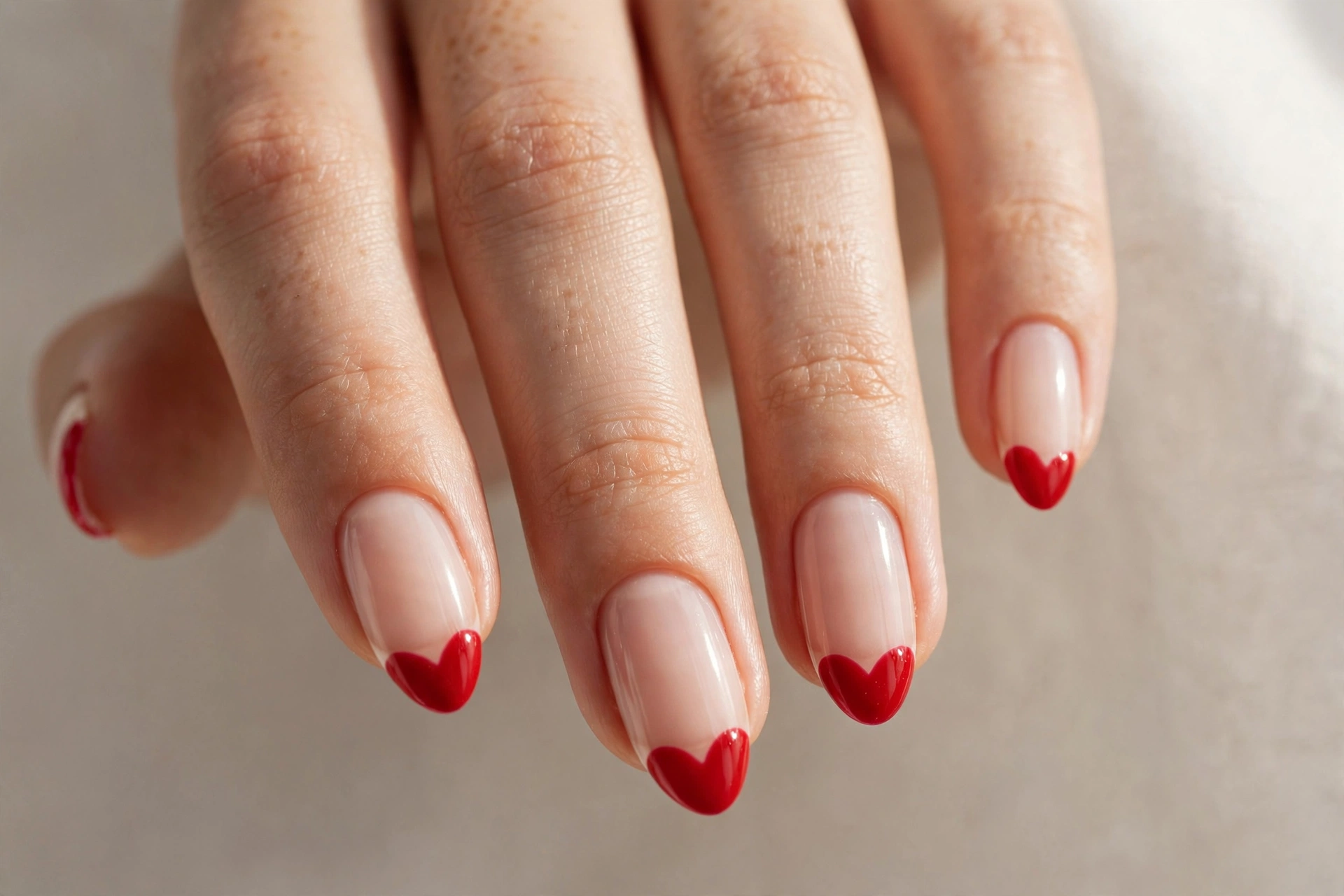 Red heart shaped French tips on nude nails