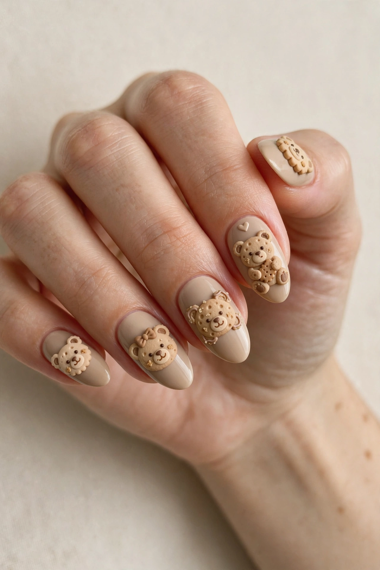 Teddy bear cookie nail art in warm beige tones