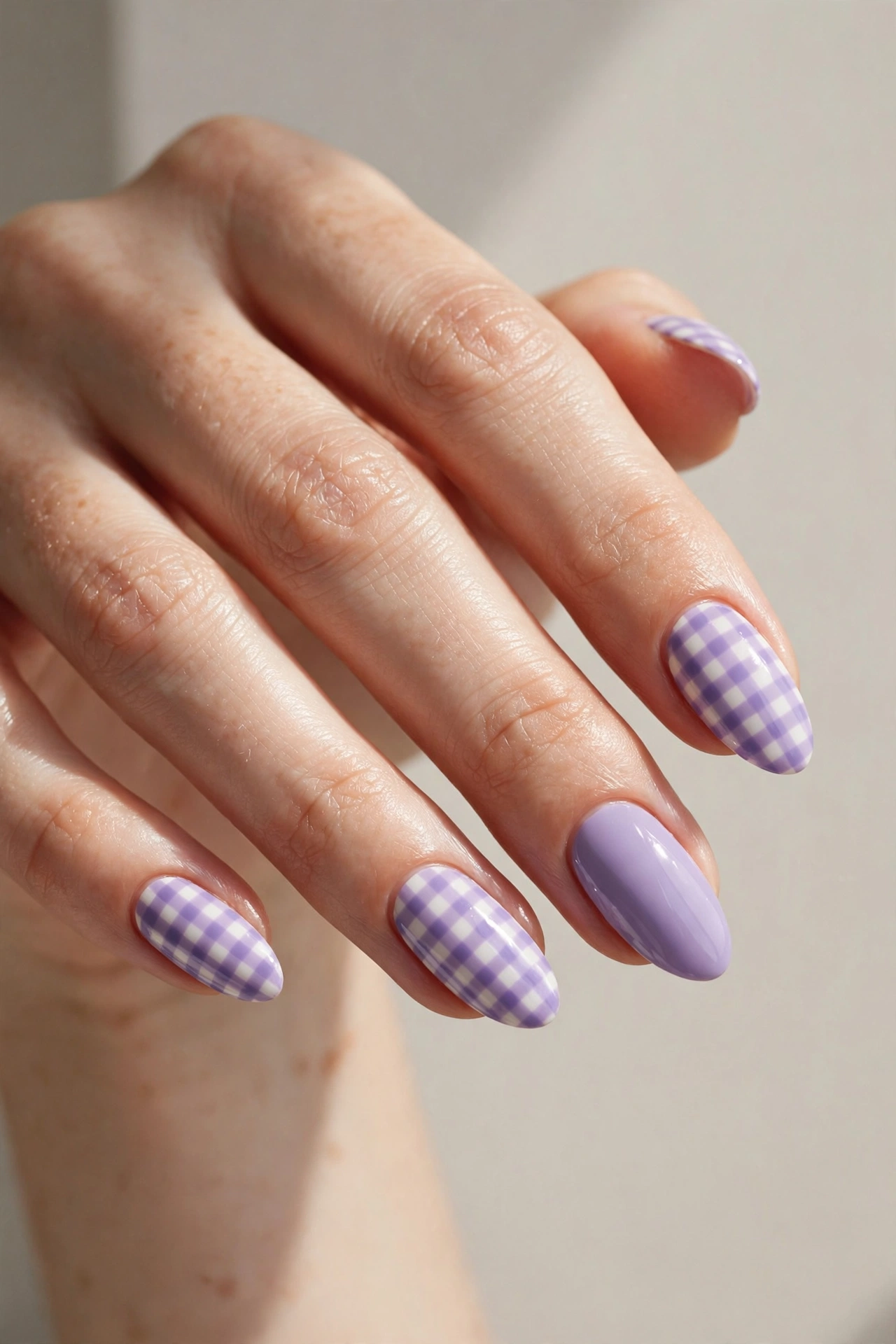 Lavender gingham check nail art on pastel purple nails