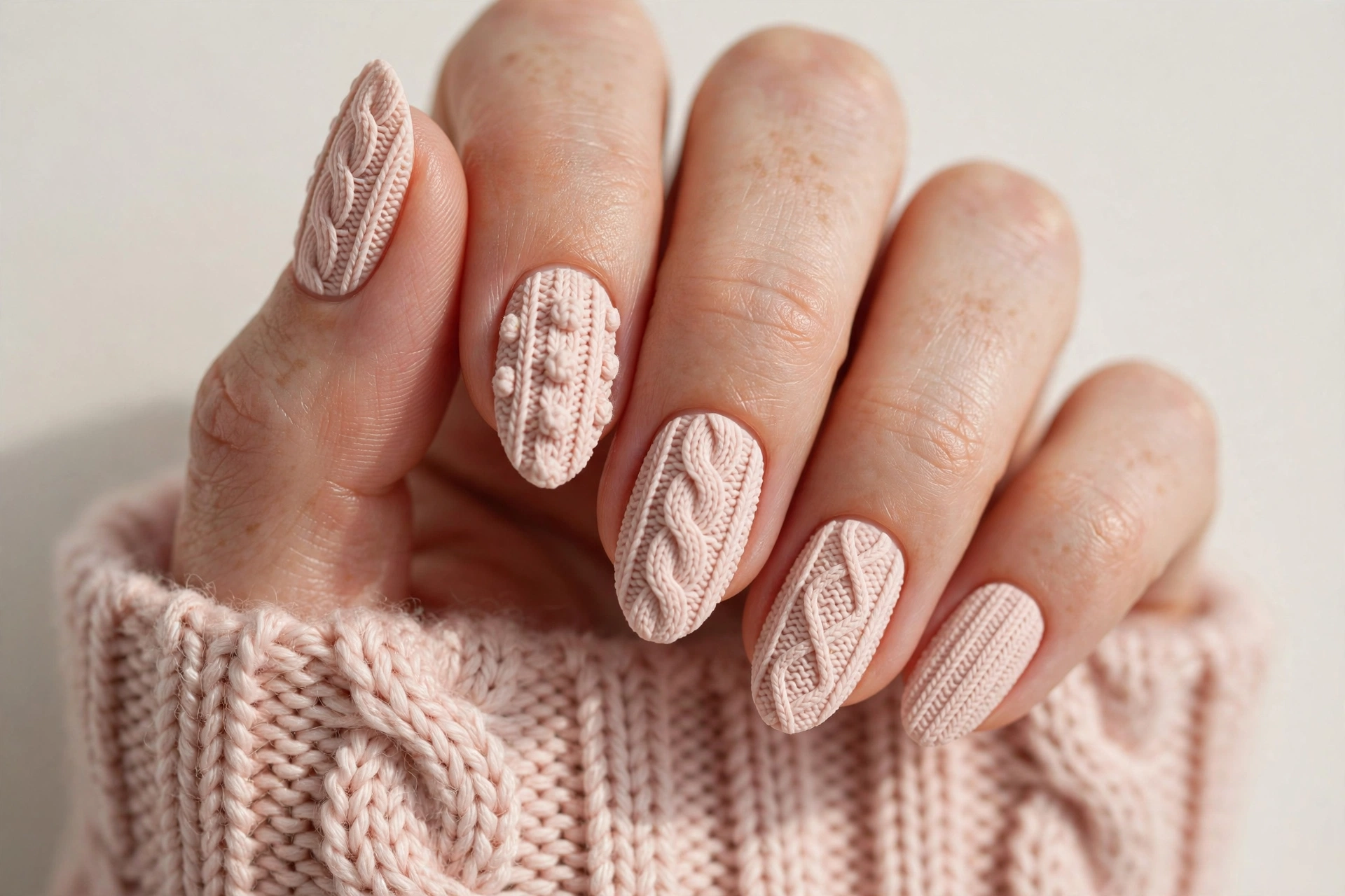 Blush pink nails with cozy cable-knit sweater texture