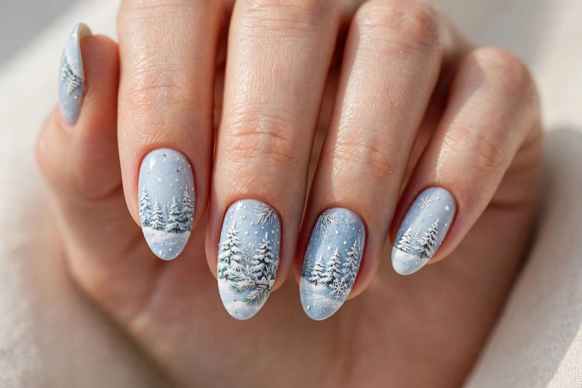 Winter wonderland nail art with tiny snowy pine trees on a pale blue base