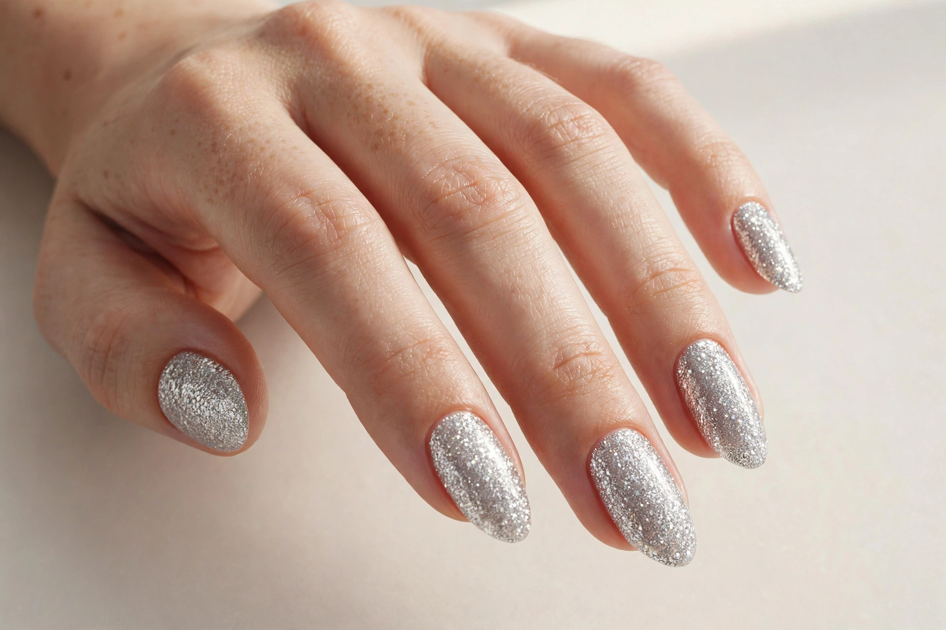 Full-coverage sparkling silver frost glitter nails