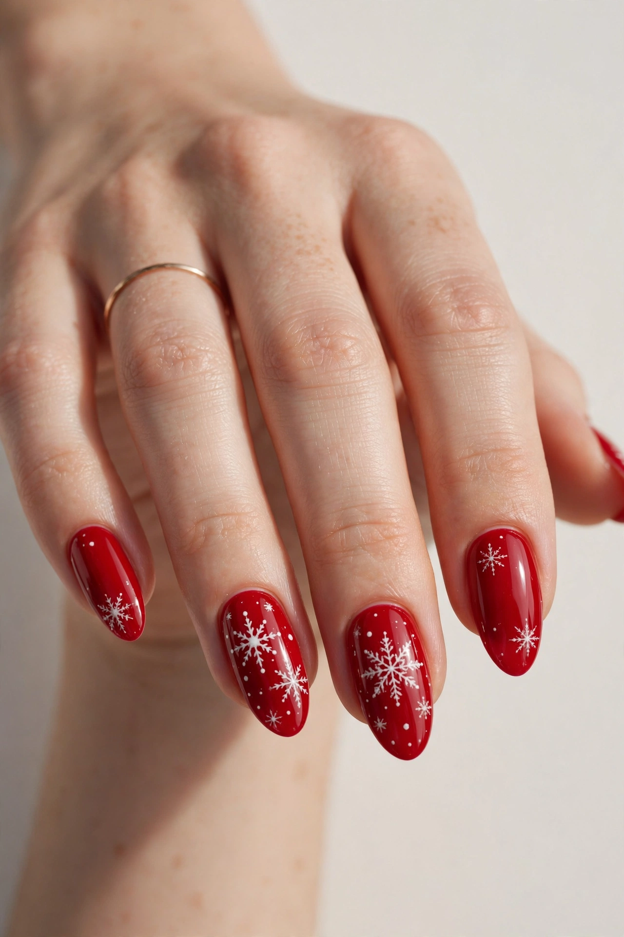 Glossy red winter nails decorated with delicate white snowflakes