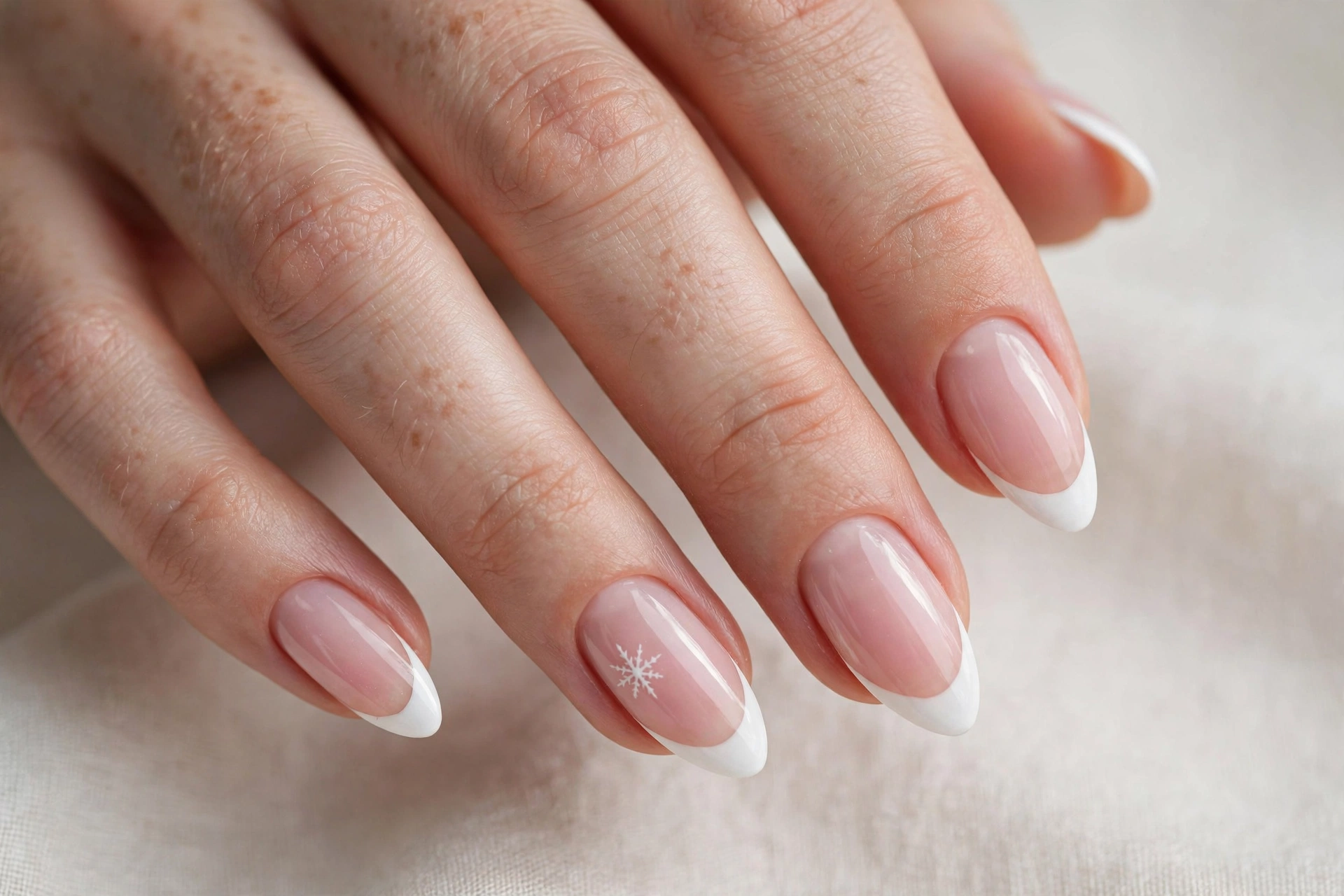 Snowy French tip nails with white tips and a tiny snowflake accent