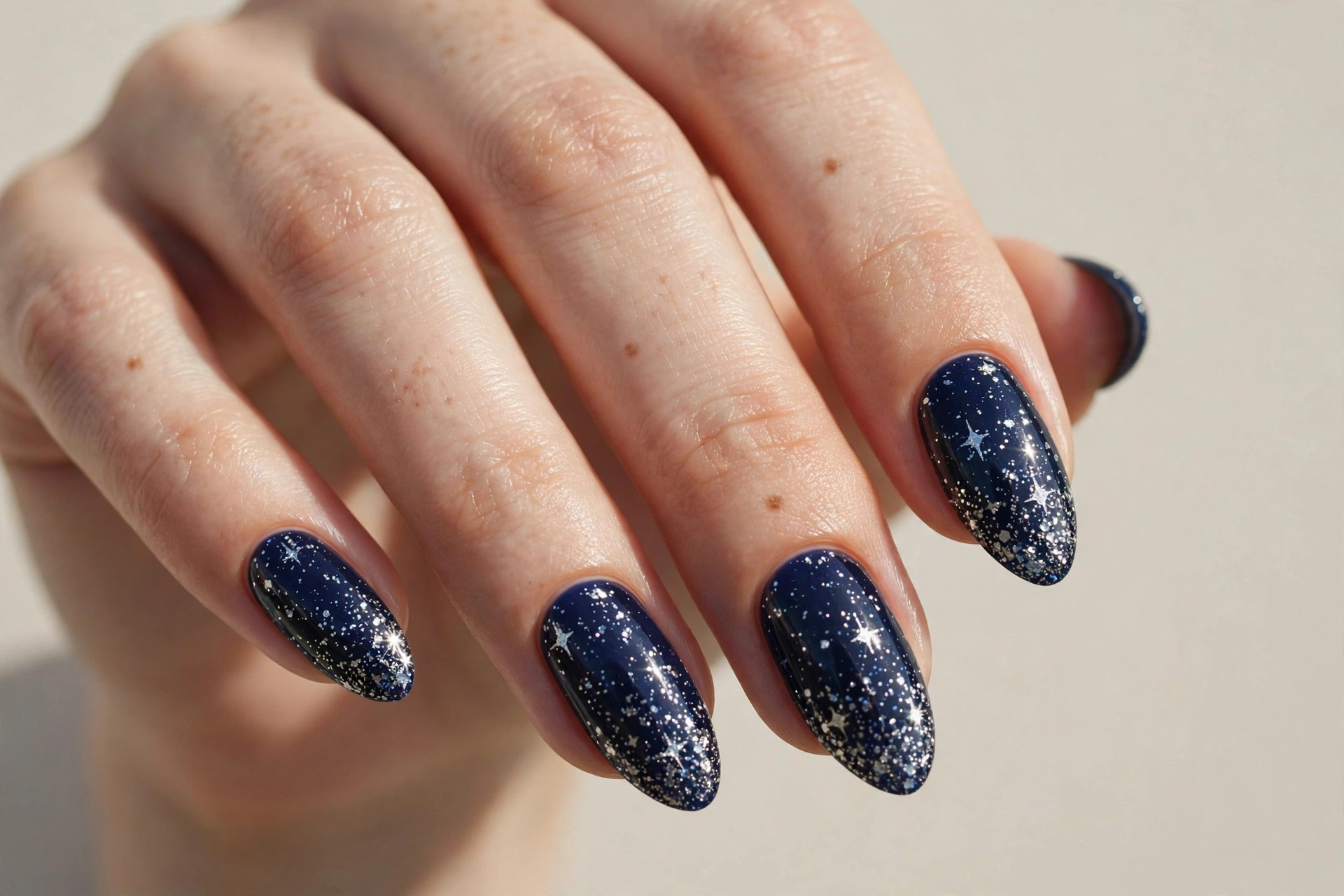 Midnight navy winter nails with silver star glitter