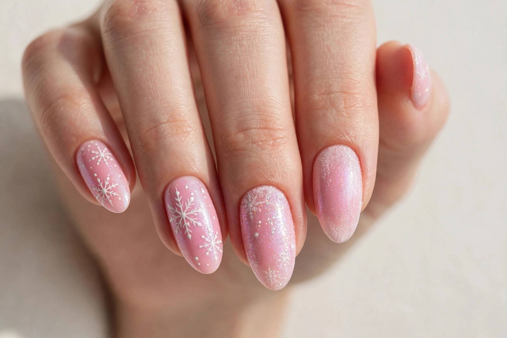 Soft candy pink winter nails with white snowflakes and icy shimmer