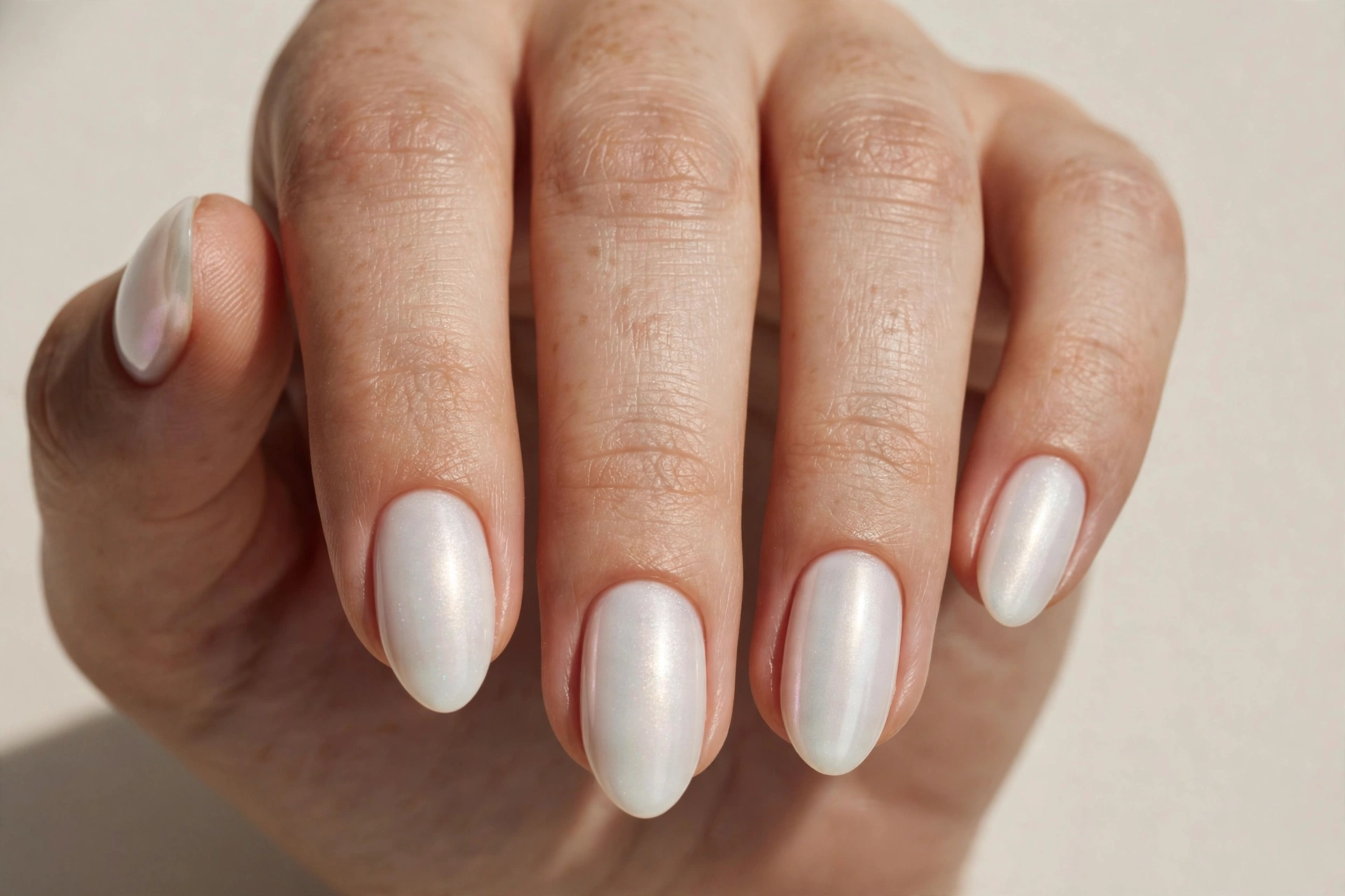 Milky white minimalist winter nails with a pearlescent glow
