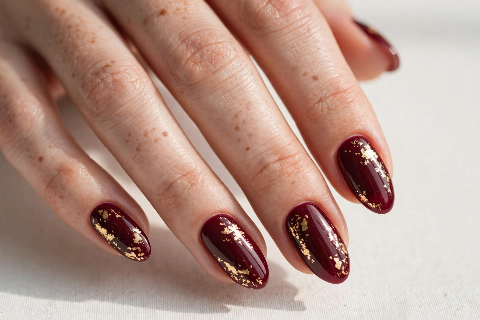 Burgundy winter nails with delicate gold foil flakes