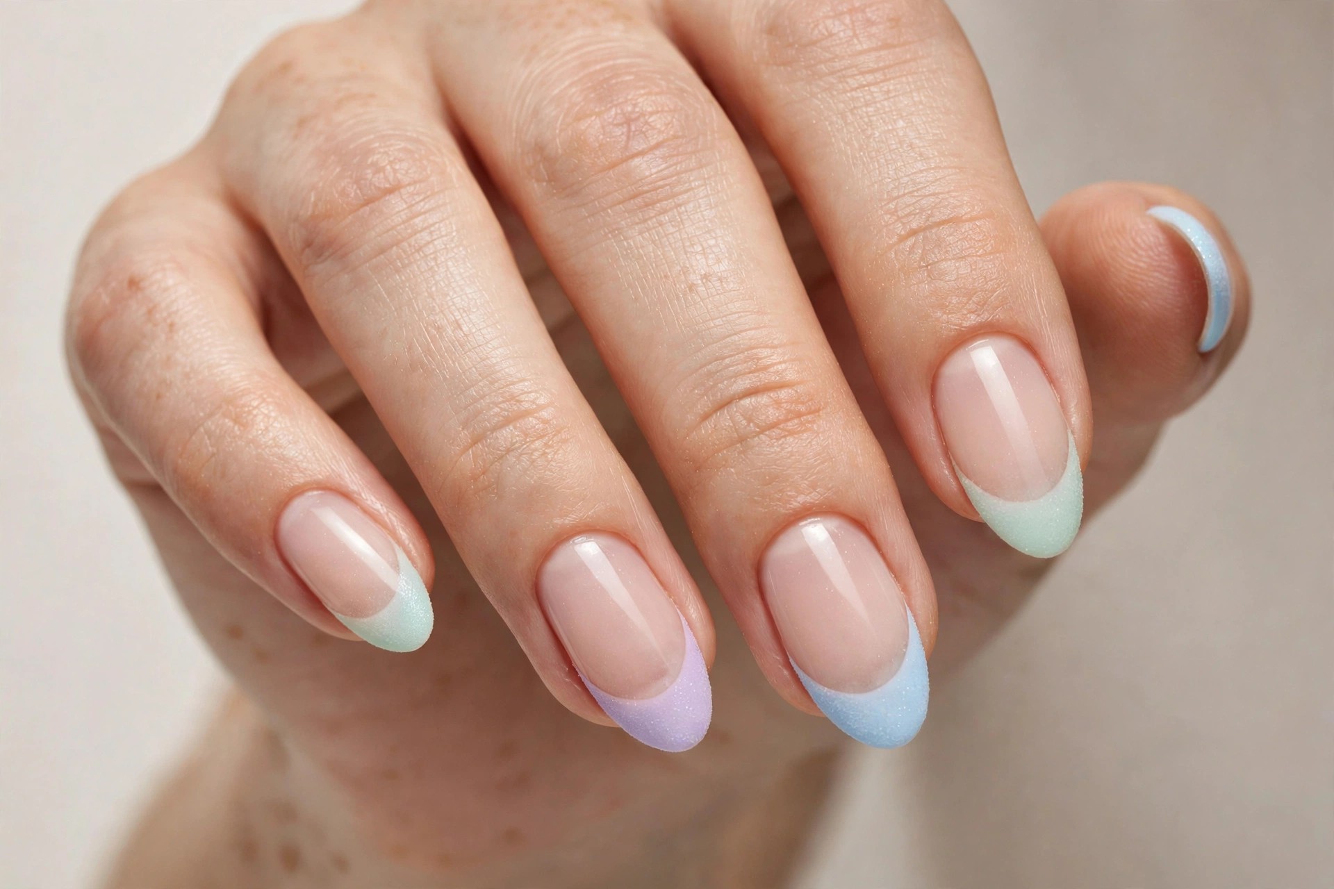 Frosted pastel French tips in mint lilac and baby blue on a nude base