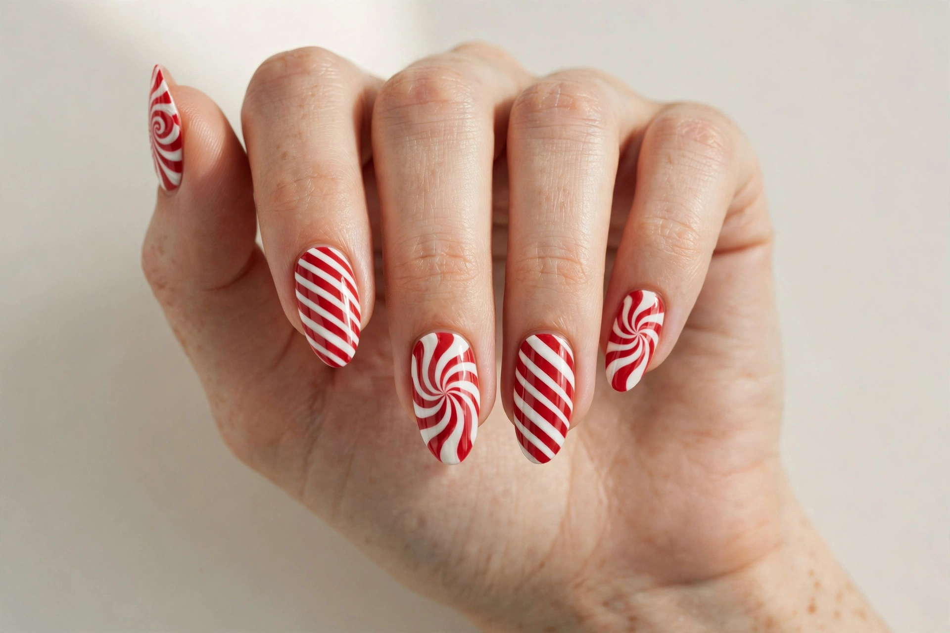 Peppermint candy swirl nail art with red and white diagonal stripes