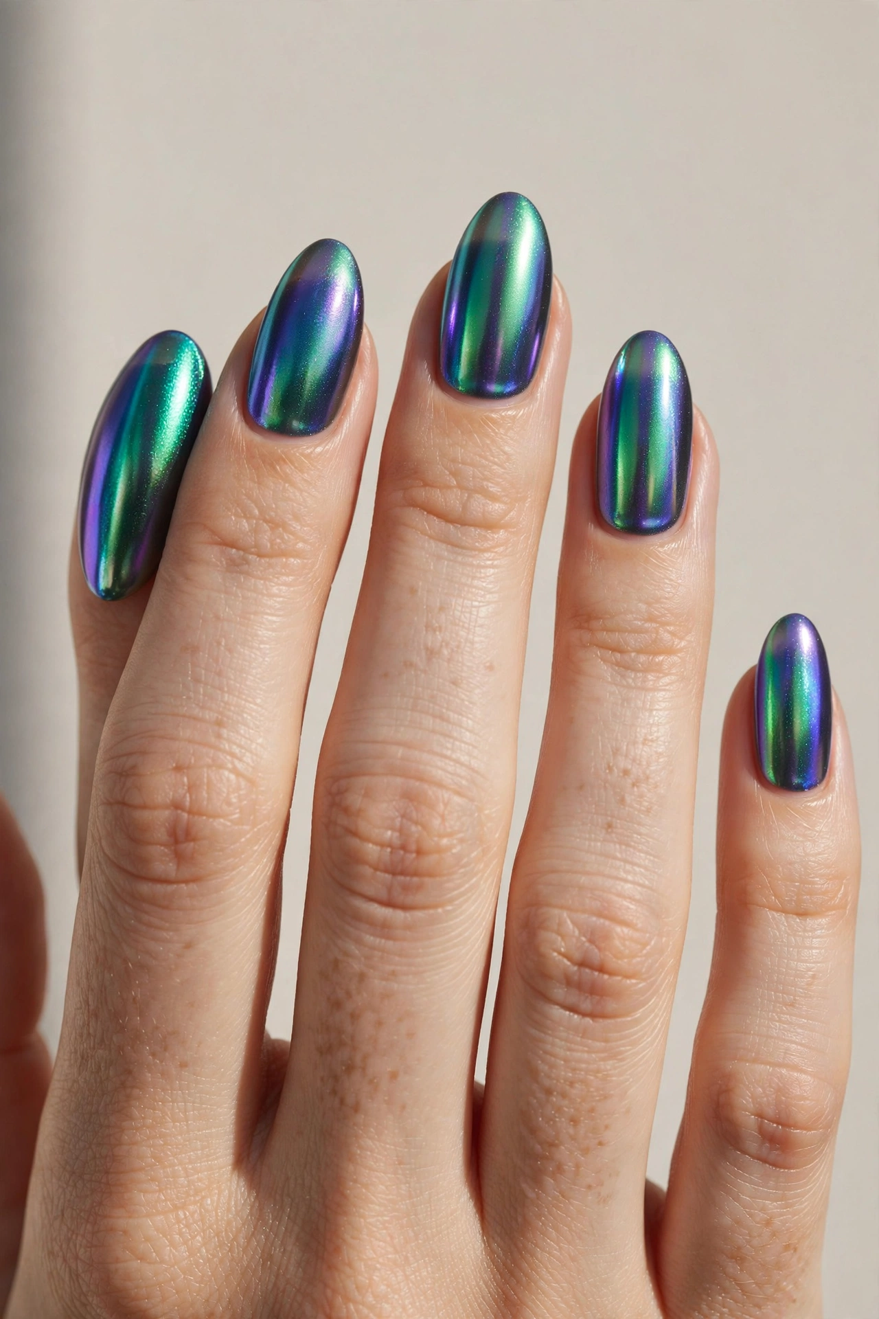 Aurora borealis shimmer nails with iridescent green purple and blue glow