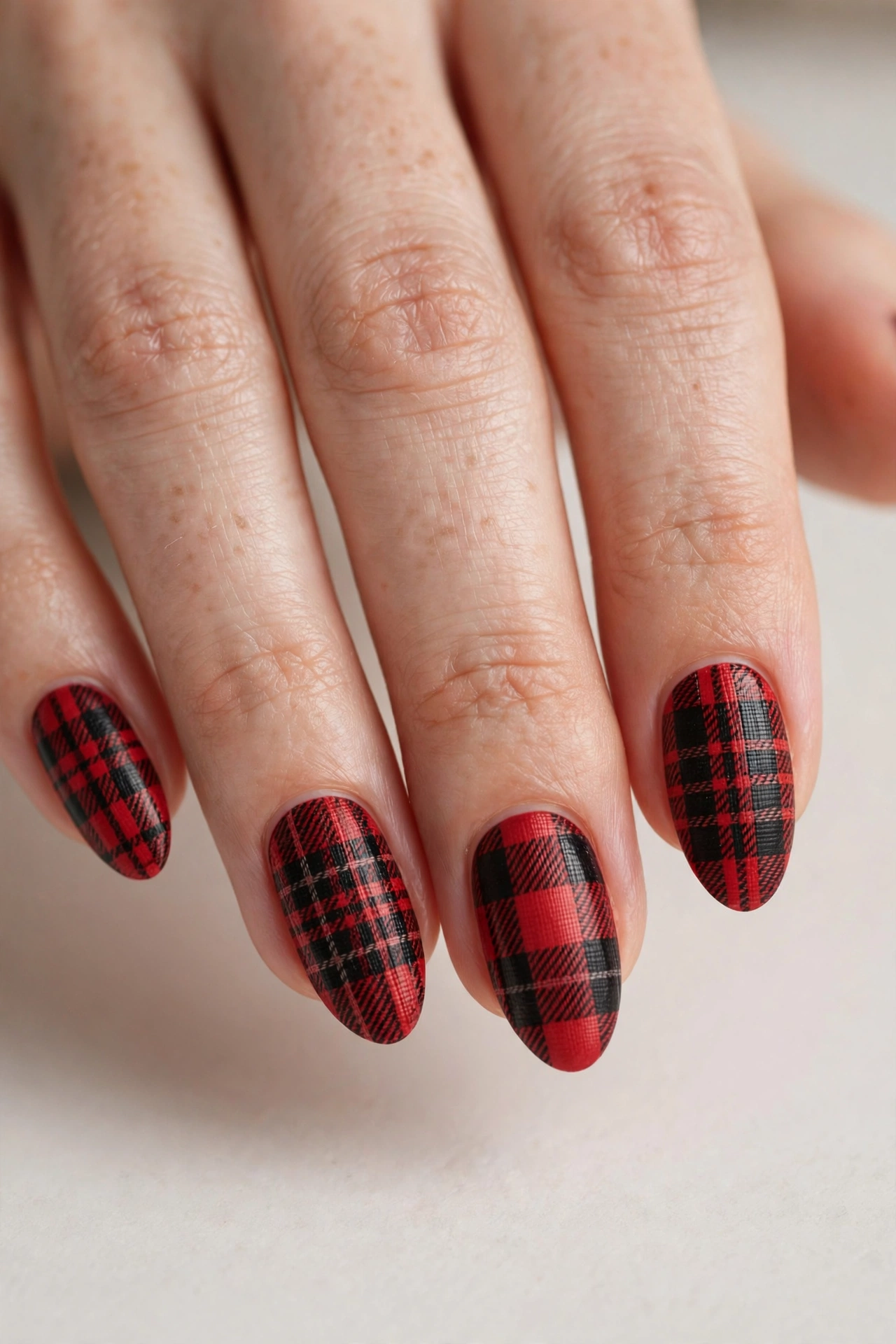 Cozy red and black winter plaid nail art