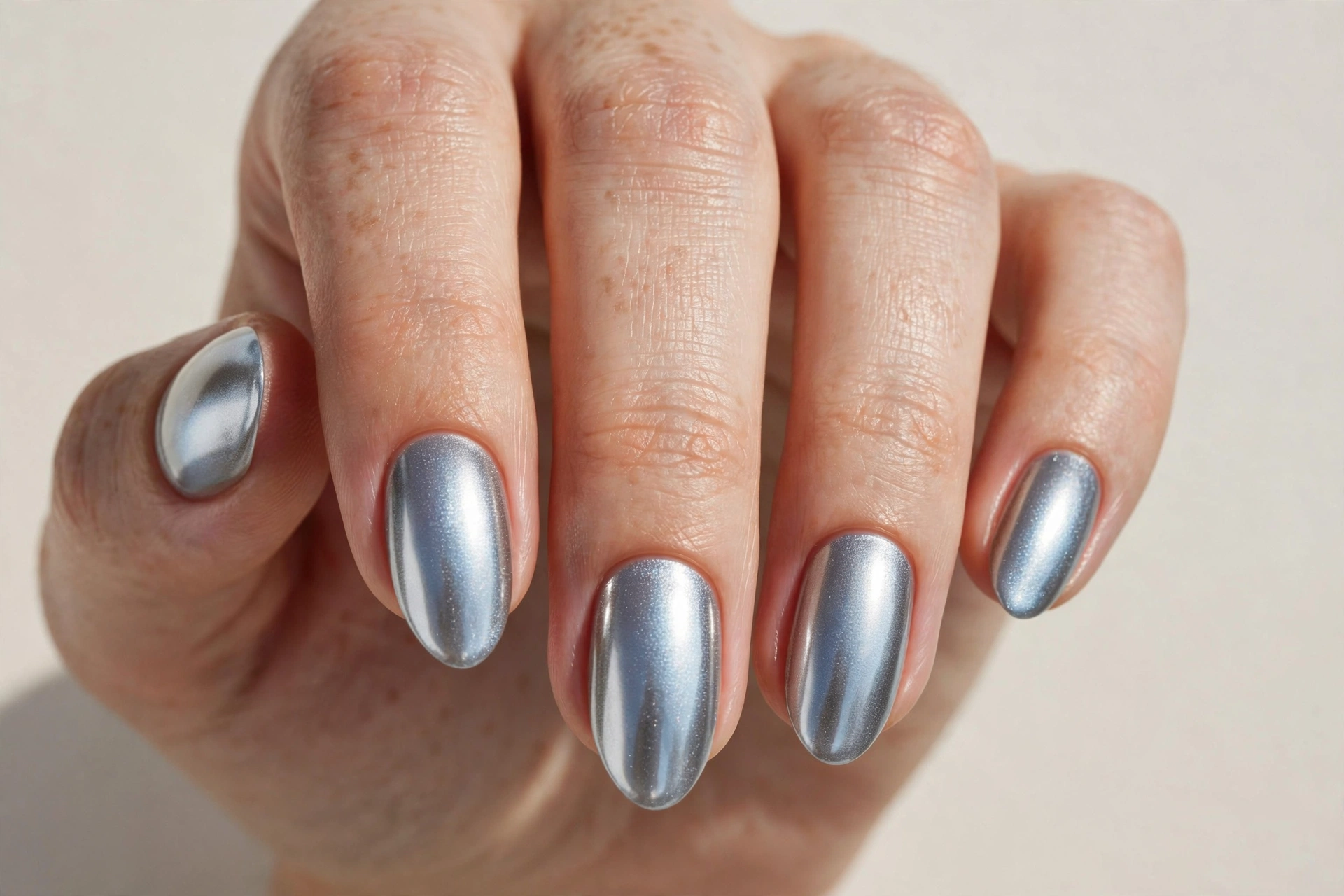 Mirror-effect silver chrome winter nails with icy metallic finish
