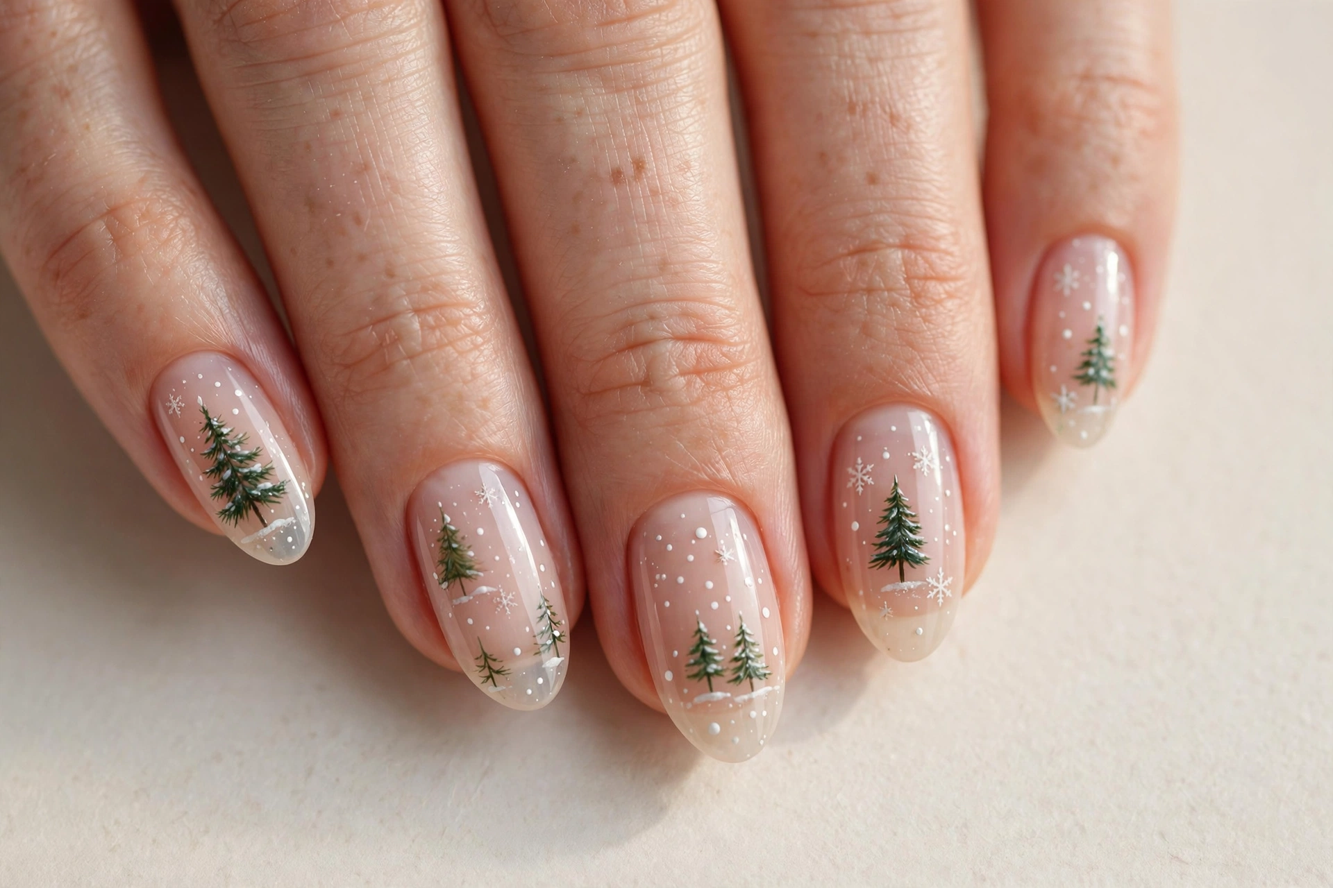 Nude winter nails with tiny hand-painted green pine trees and falling snow