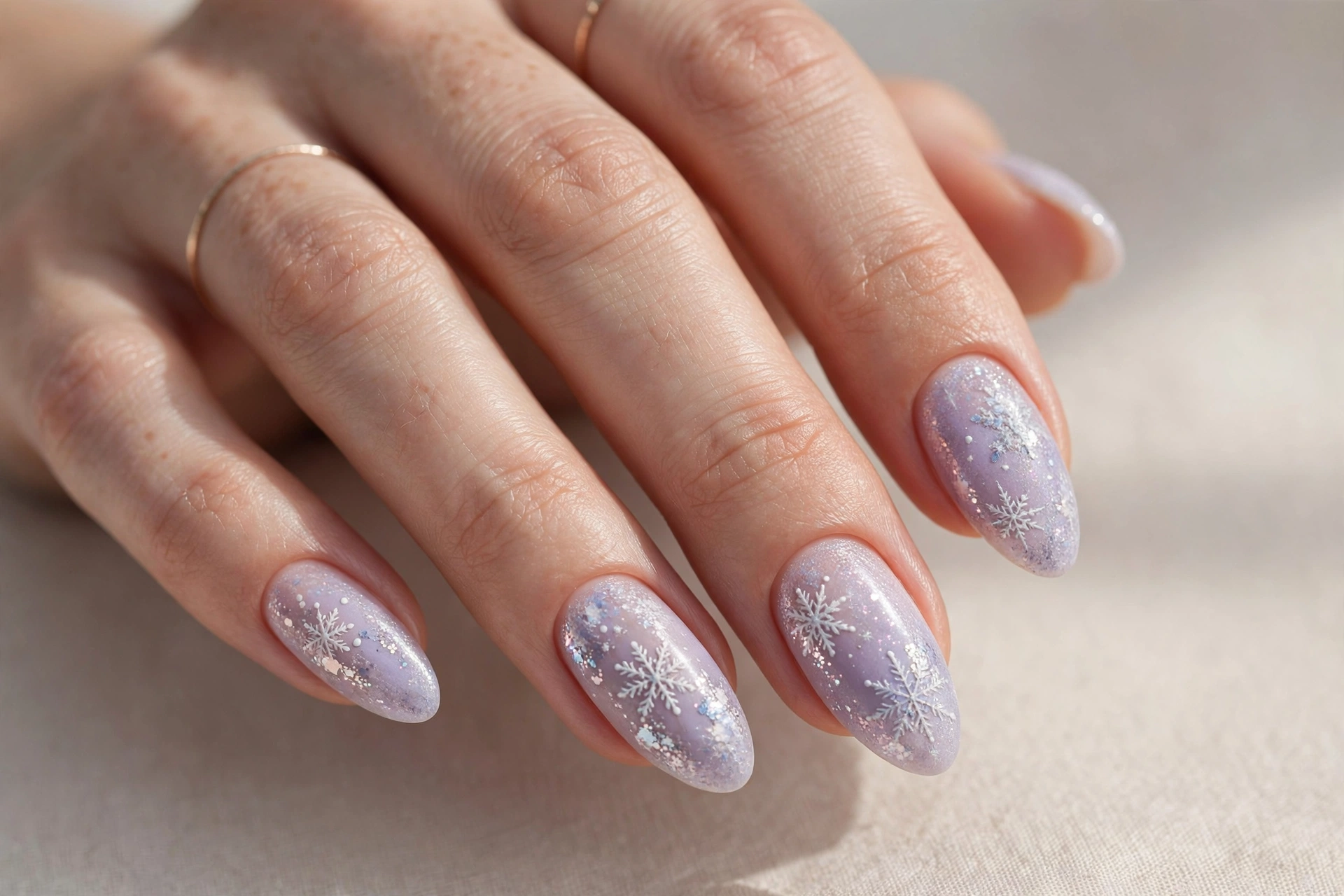 Frosted lavender winter nails with icy shimmer and snowflake accents