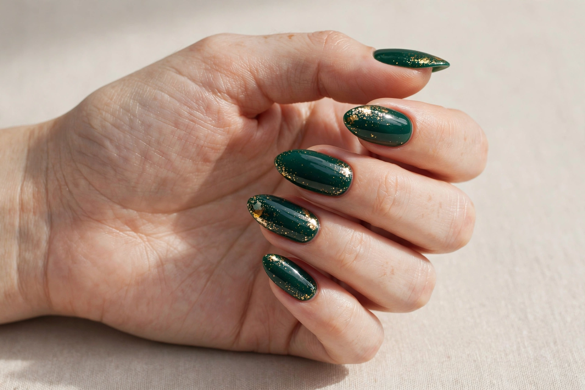Deep emerald green winter nails with gold glitter accents
