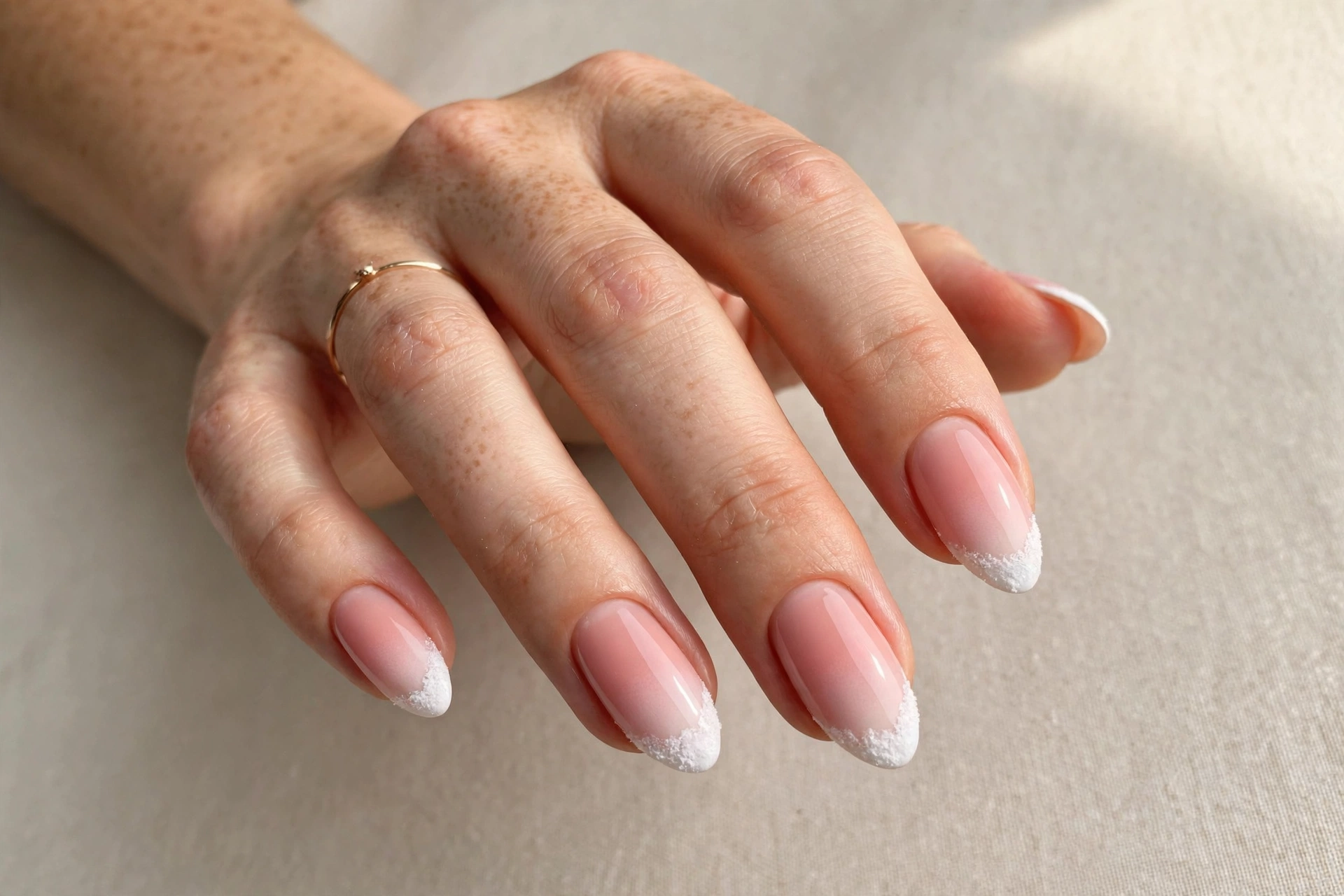 Blush pink gradient winter nails with white snow-cap tips