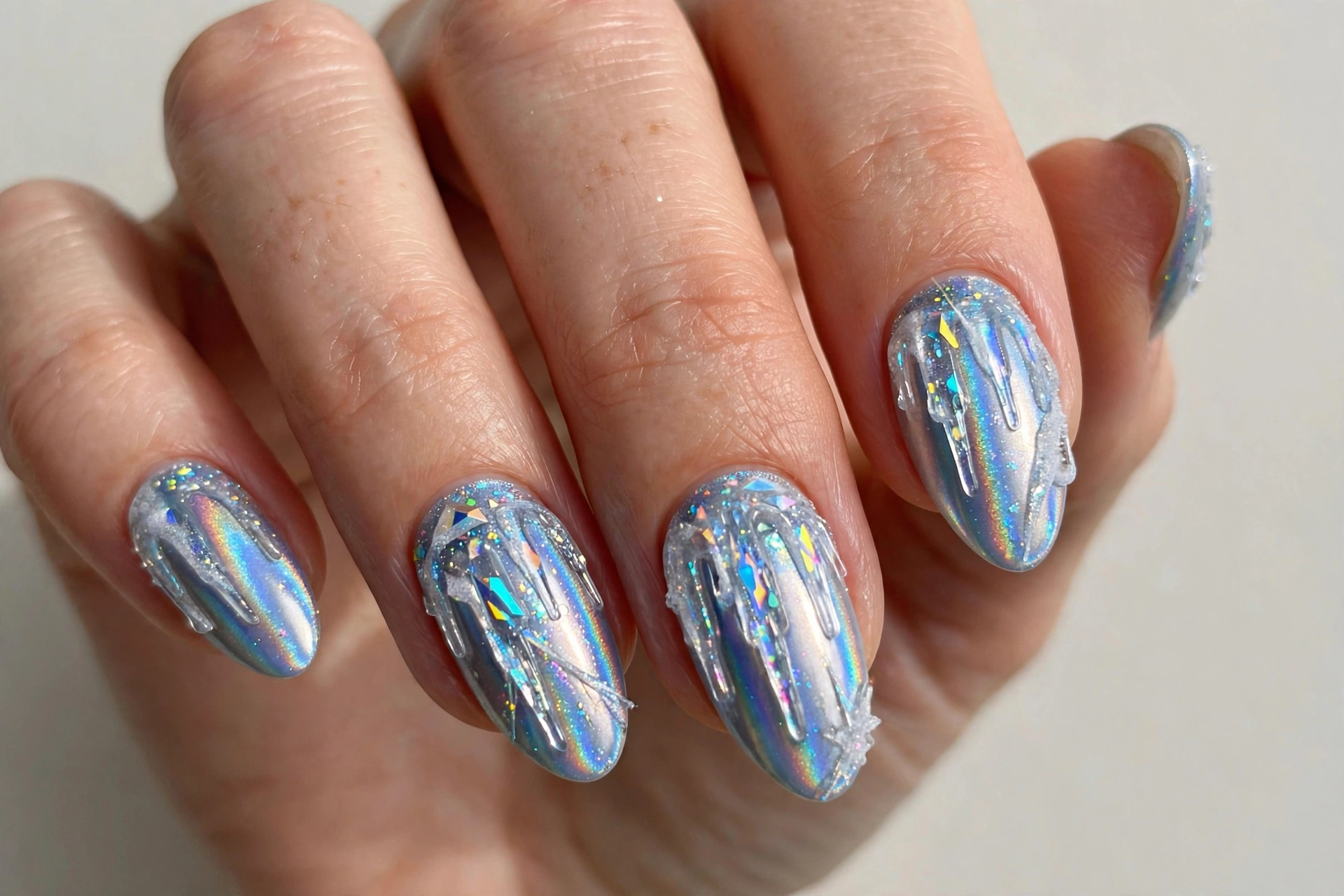 Holographic silver-blue winter nails with icicle nail art