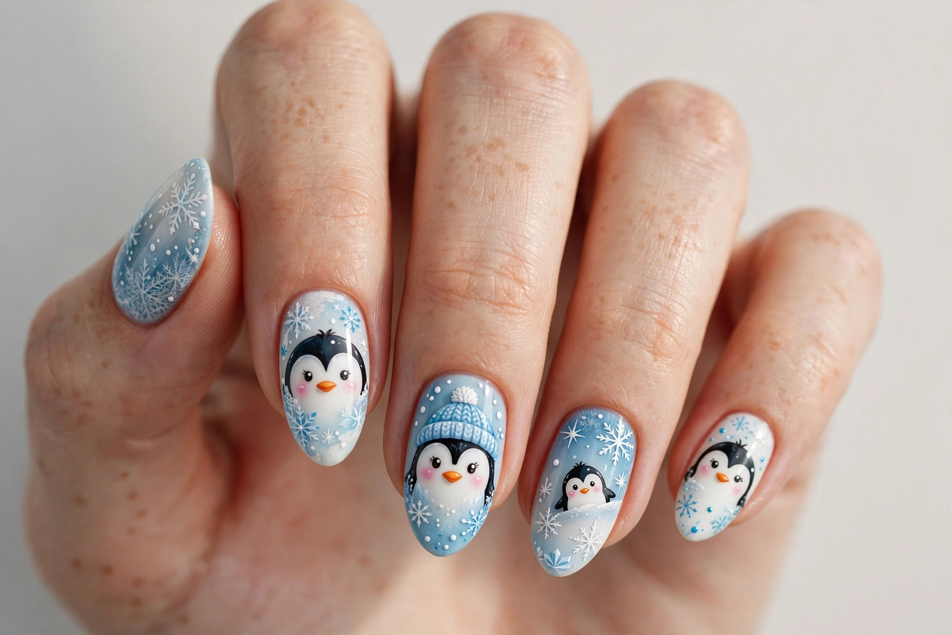 Cute penguin face nail art on an icy blue and white background