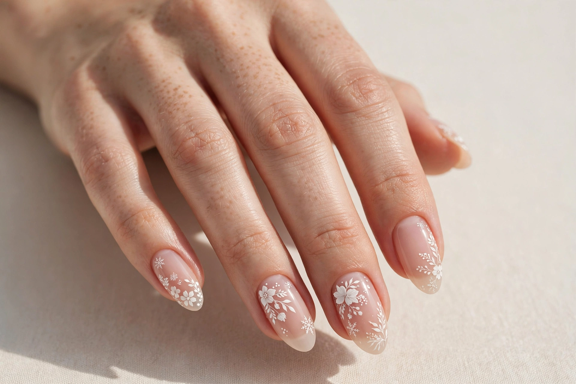 Sheer nude winter nails with delicate white hand-painted florals