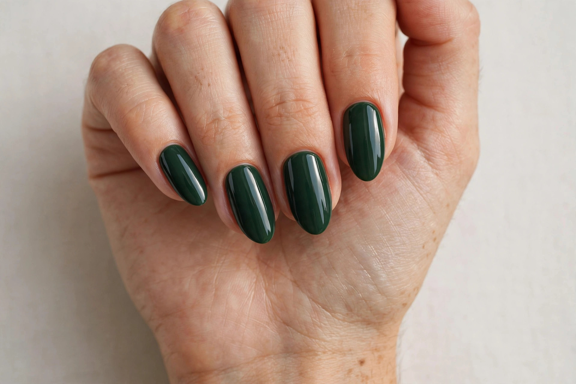 Almond nails with a simple glossy deep forest green winter manicure