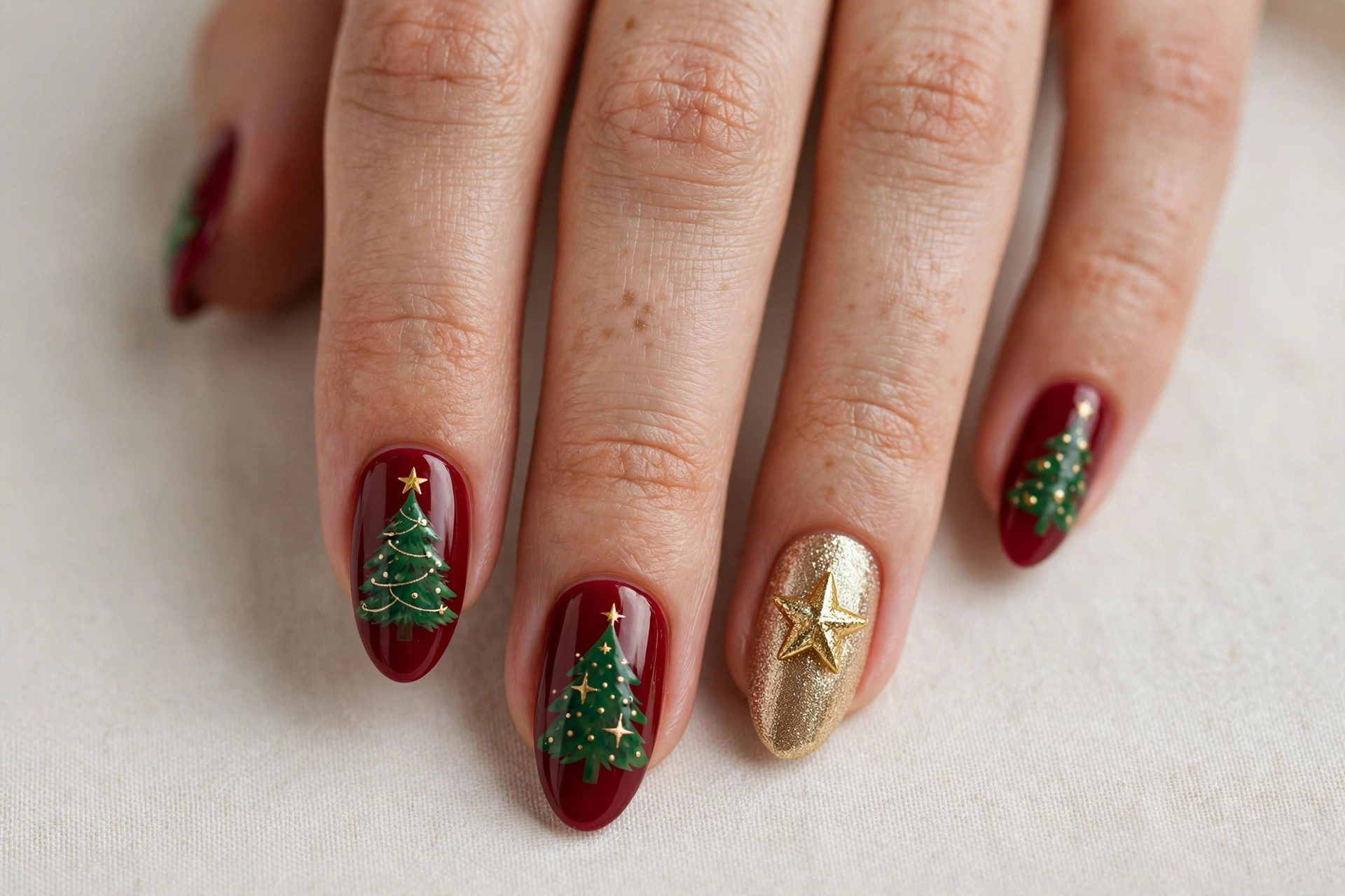 Classic green Christmas tree nail art with gold star topper on deep red base