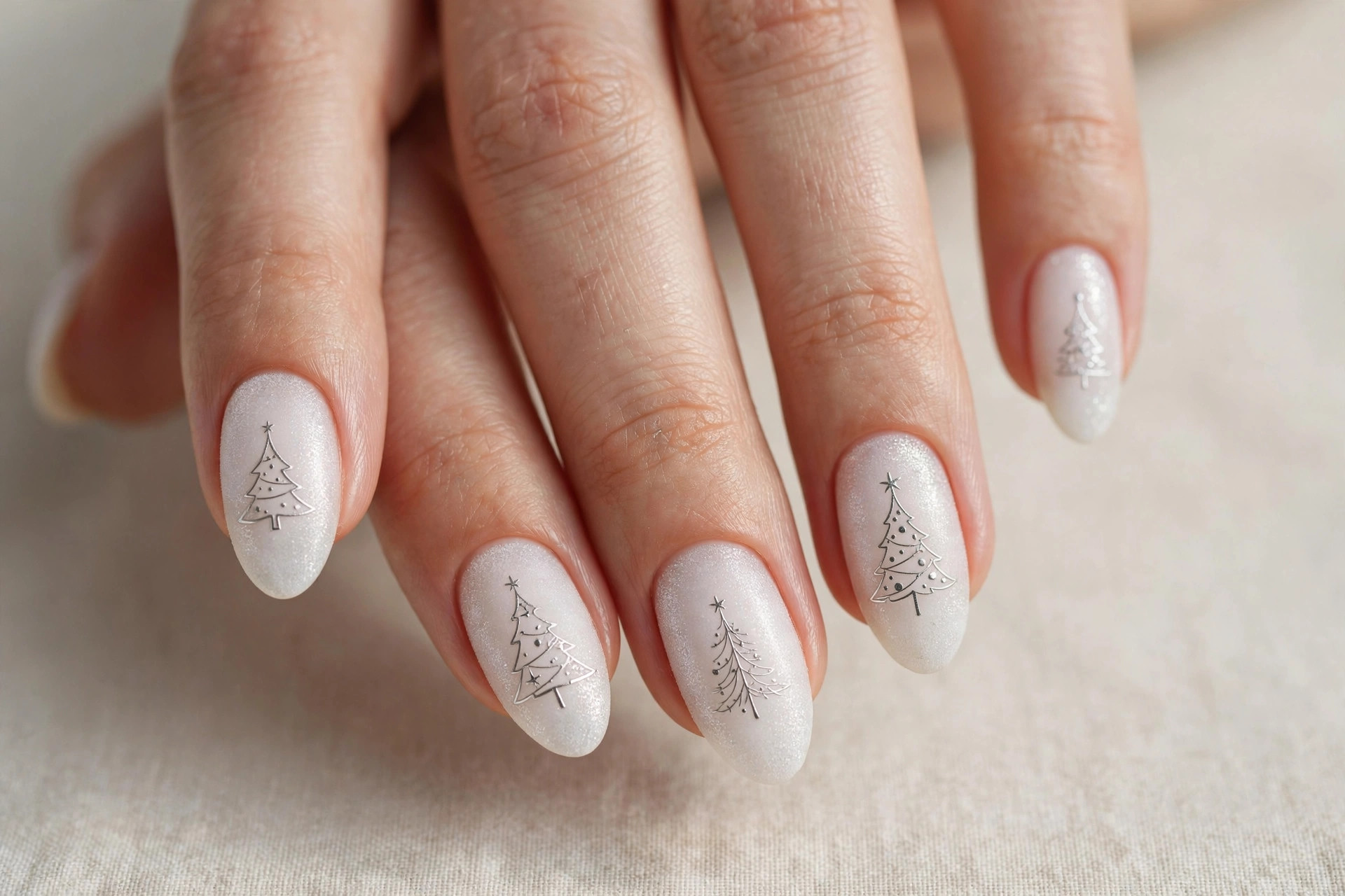 Frosty white base with delicate silver Christmas tree silhouette nail art