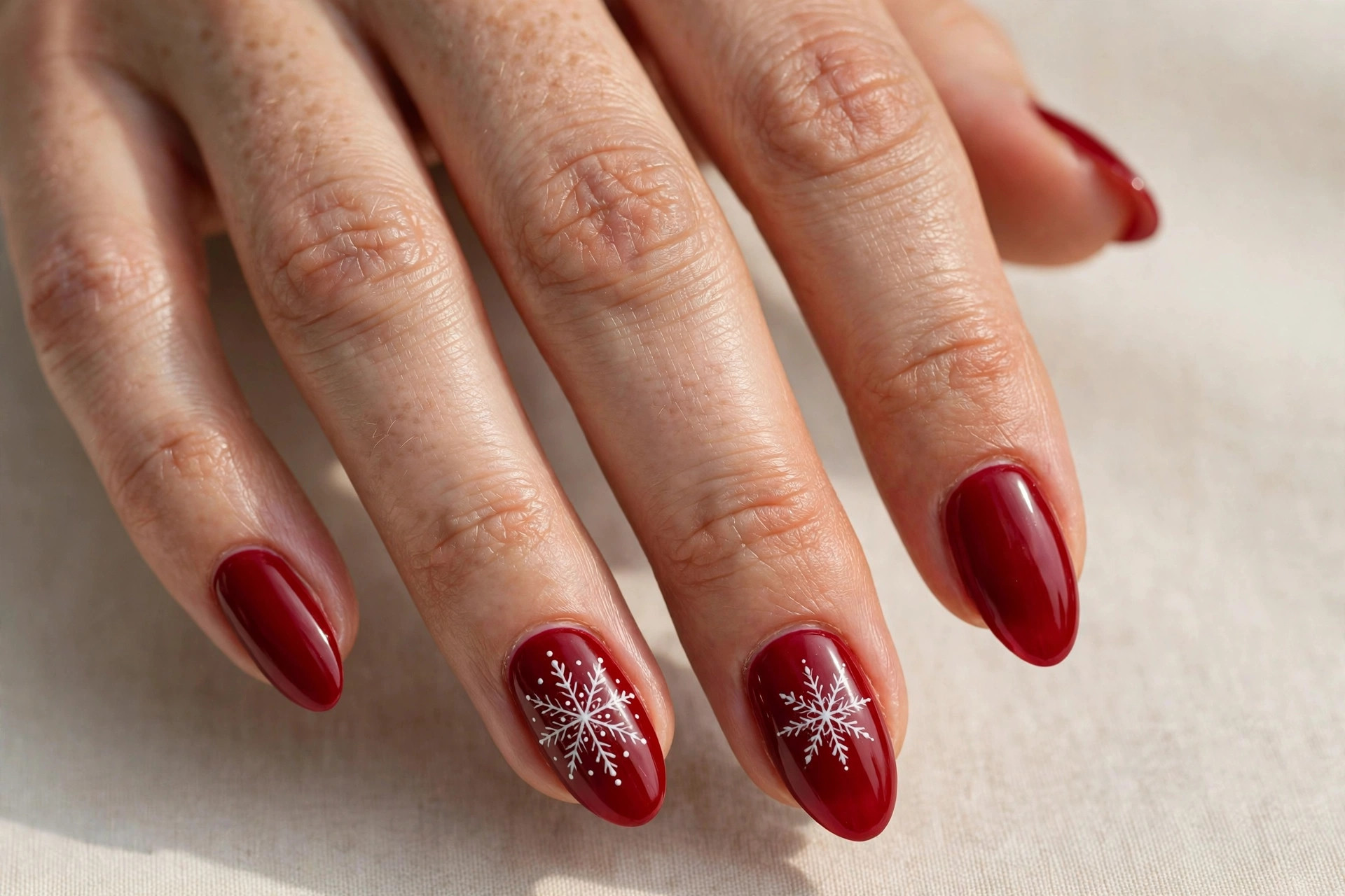 Red nails with delicate white hand-painted snowflake accents