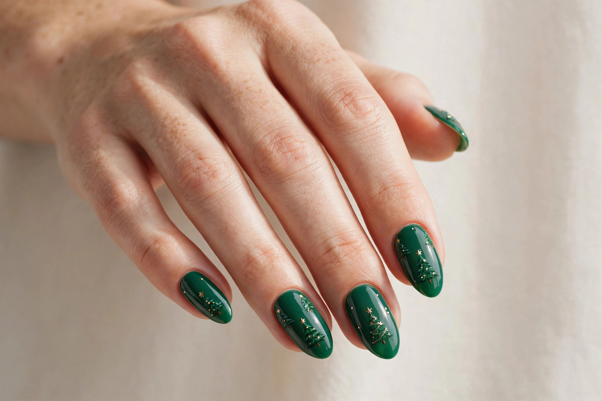 Close-up of a woman's hand with emerald green nails and Christmas tree nail art