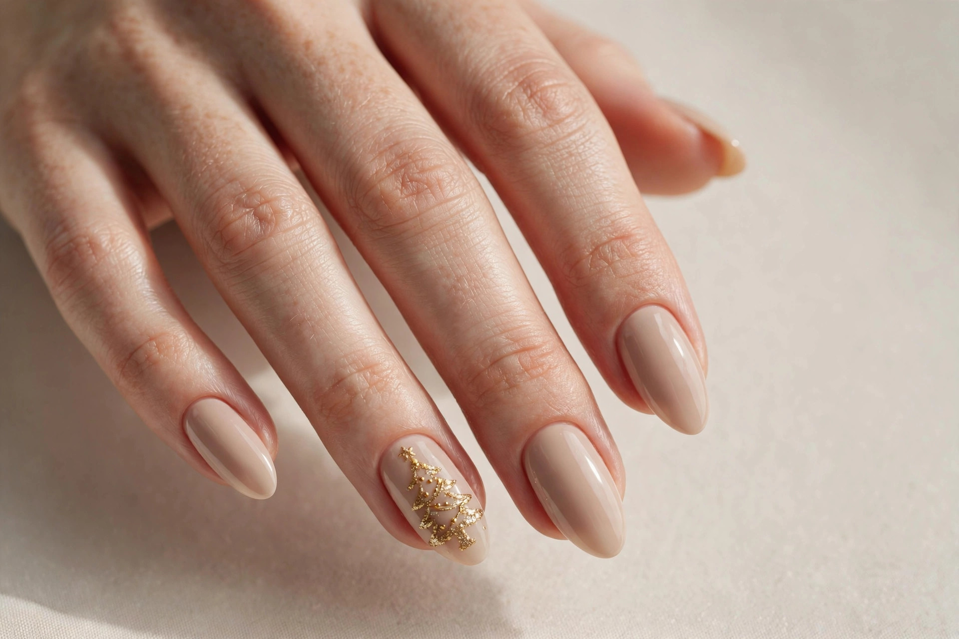 Gold glitter Christmas tree accent nail art on nude beige base