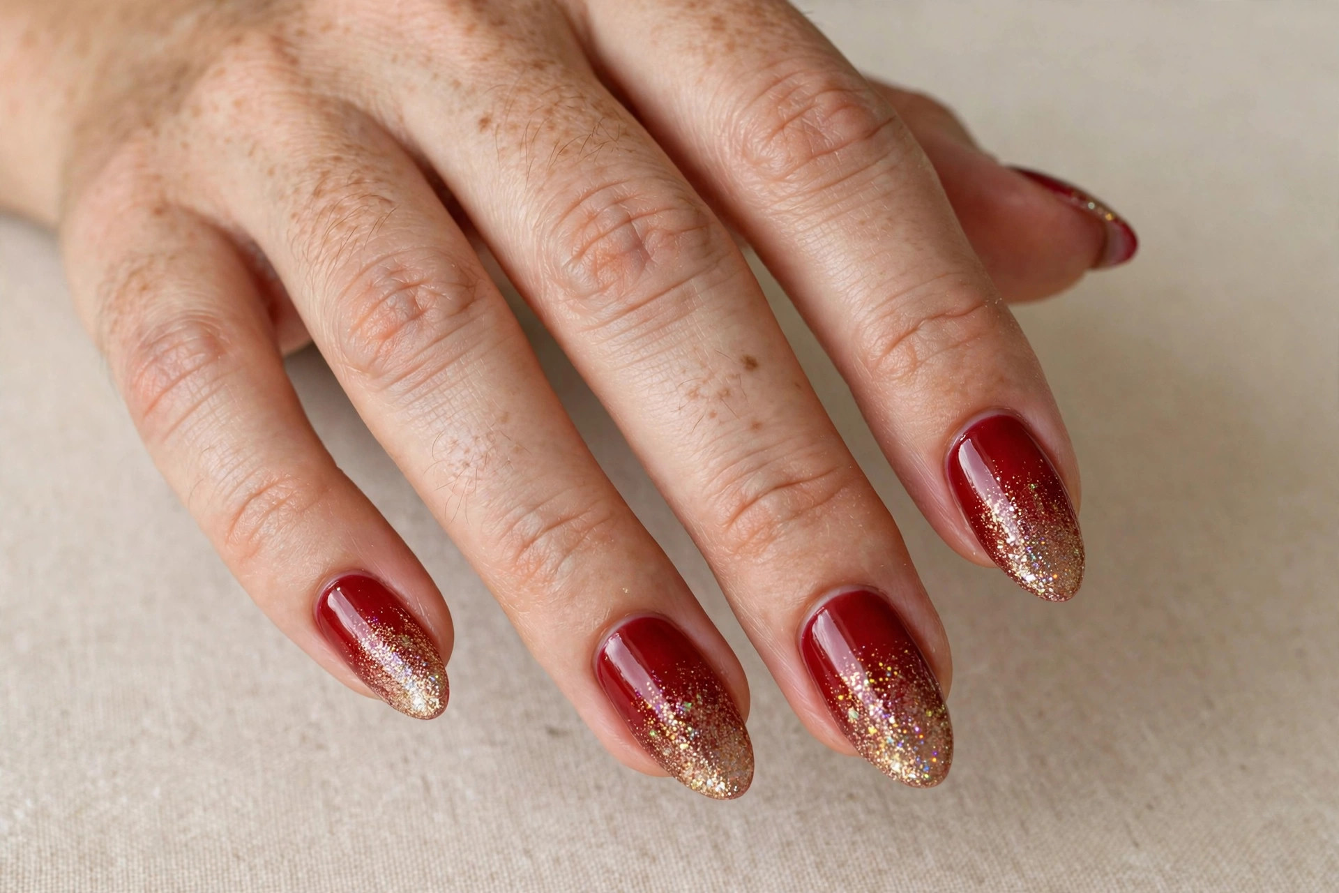 Red nails fading into gold glitter ombre at the tips