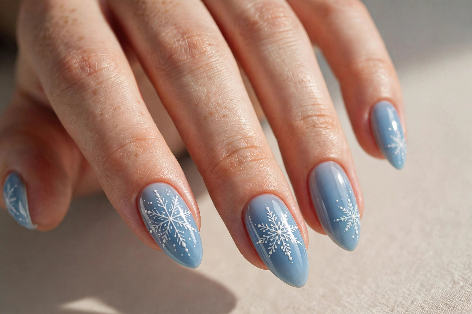 Close-up of a woman's hand with icy blue nails and delicate white snowflake nail art