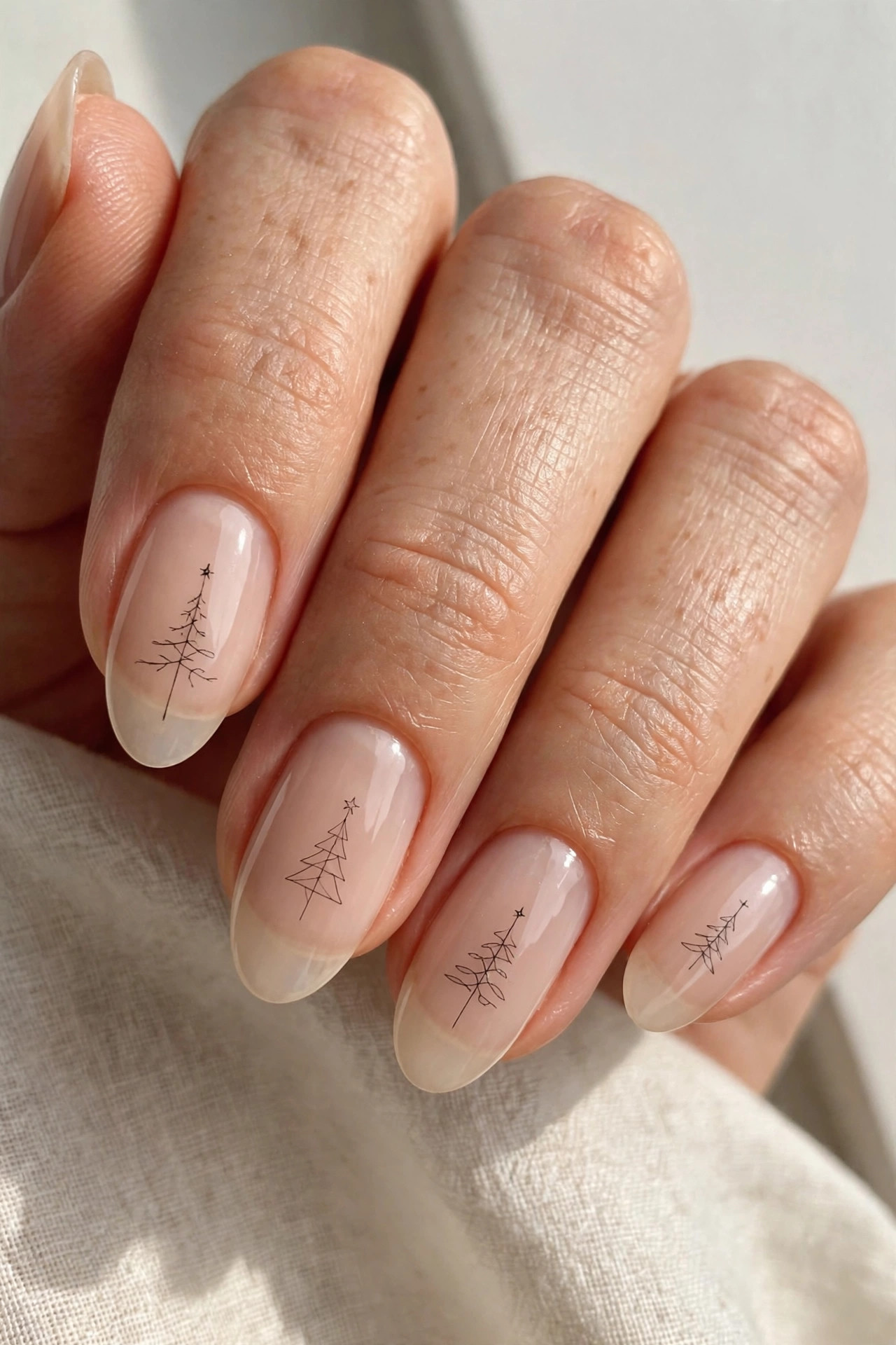 Minimalist black Christmas tree line art on sheer nude nails