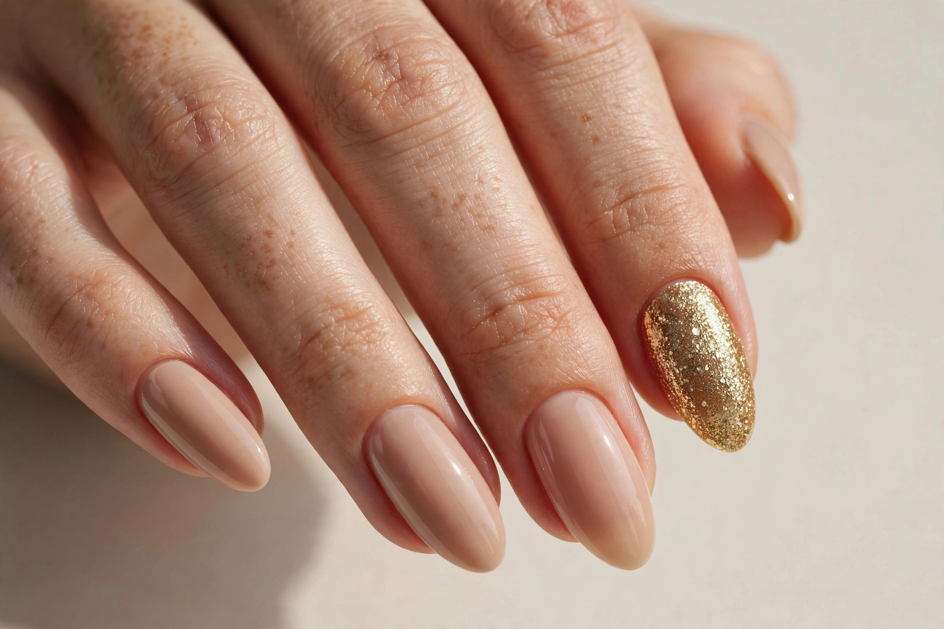 Close-up of a woman's hand with nude nails and gold glitter accent nails