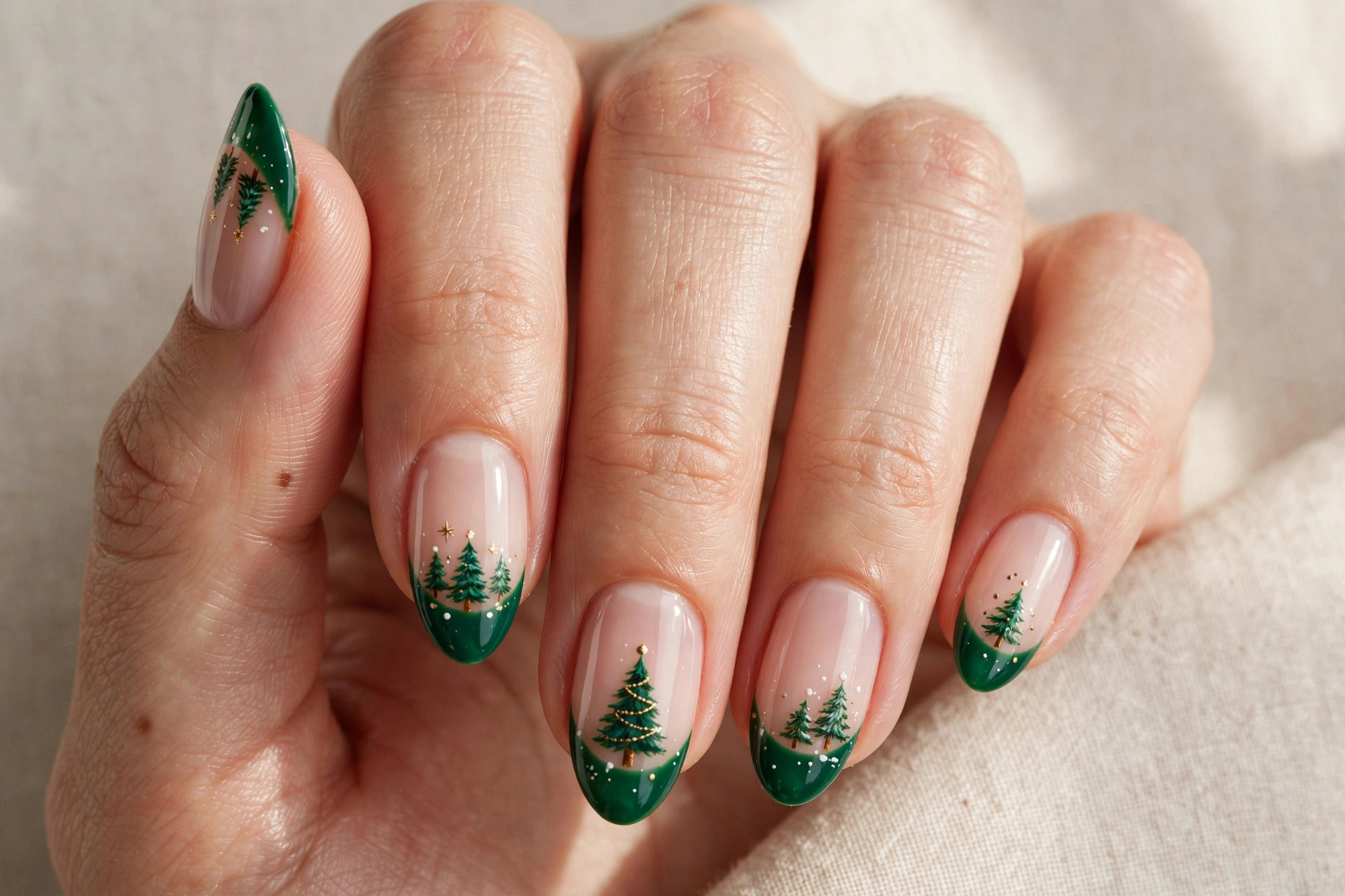 Emerald green Christmas tree French tip nail art