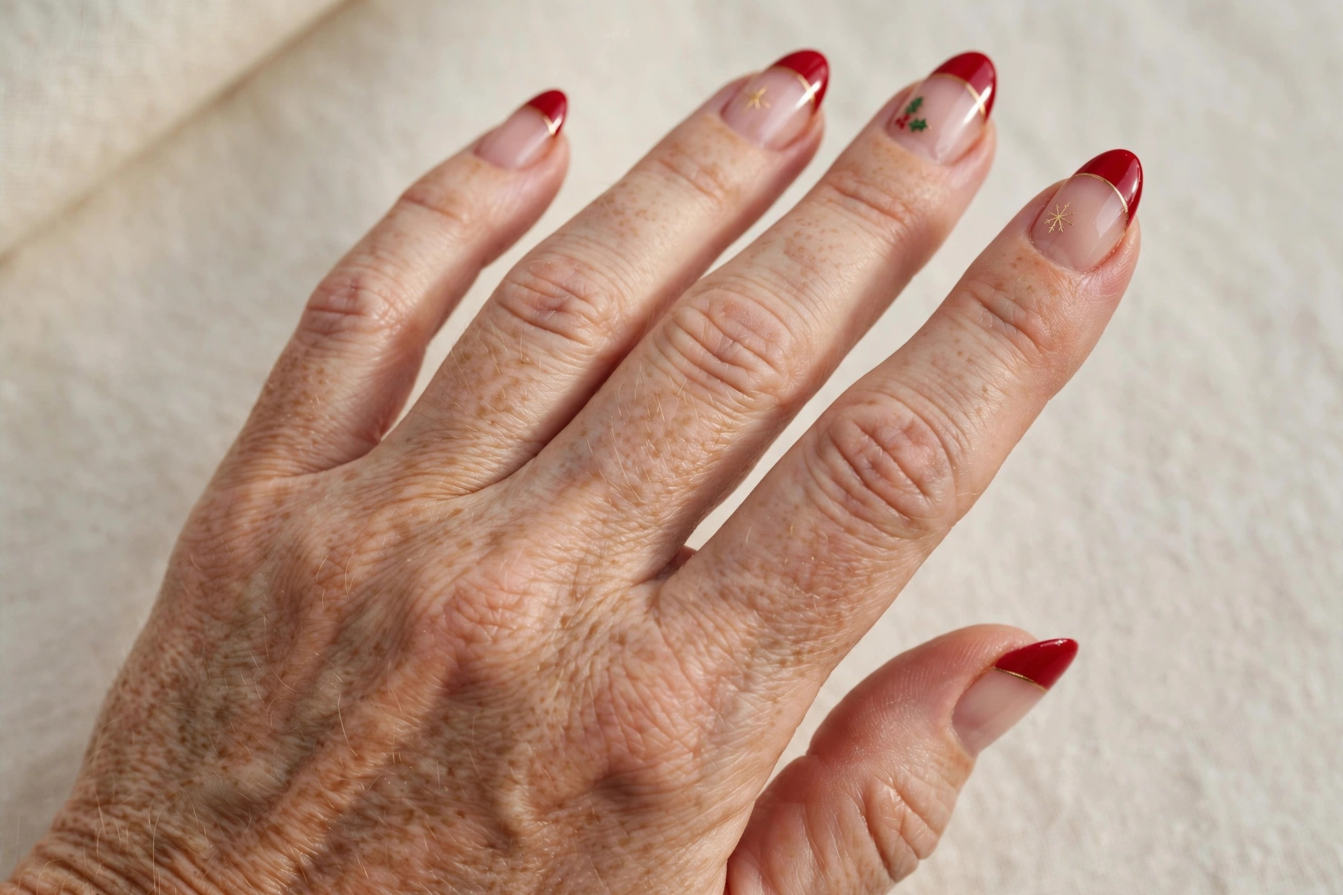 Red French tip manicure with thin gold line under the red tips