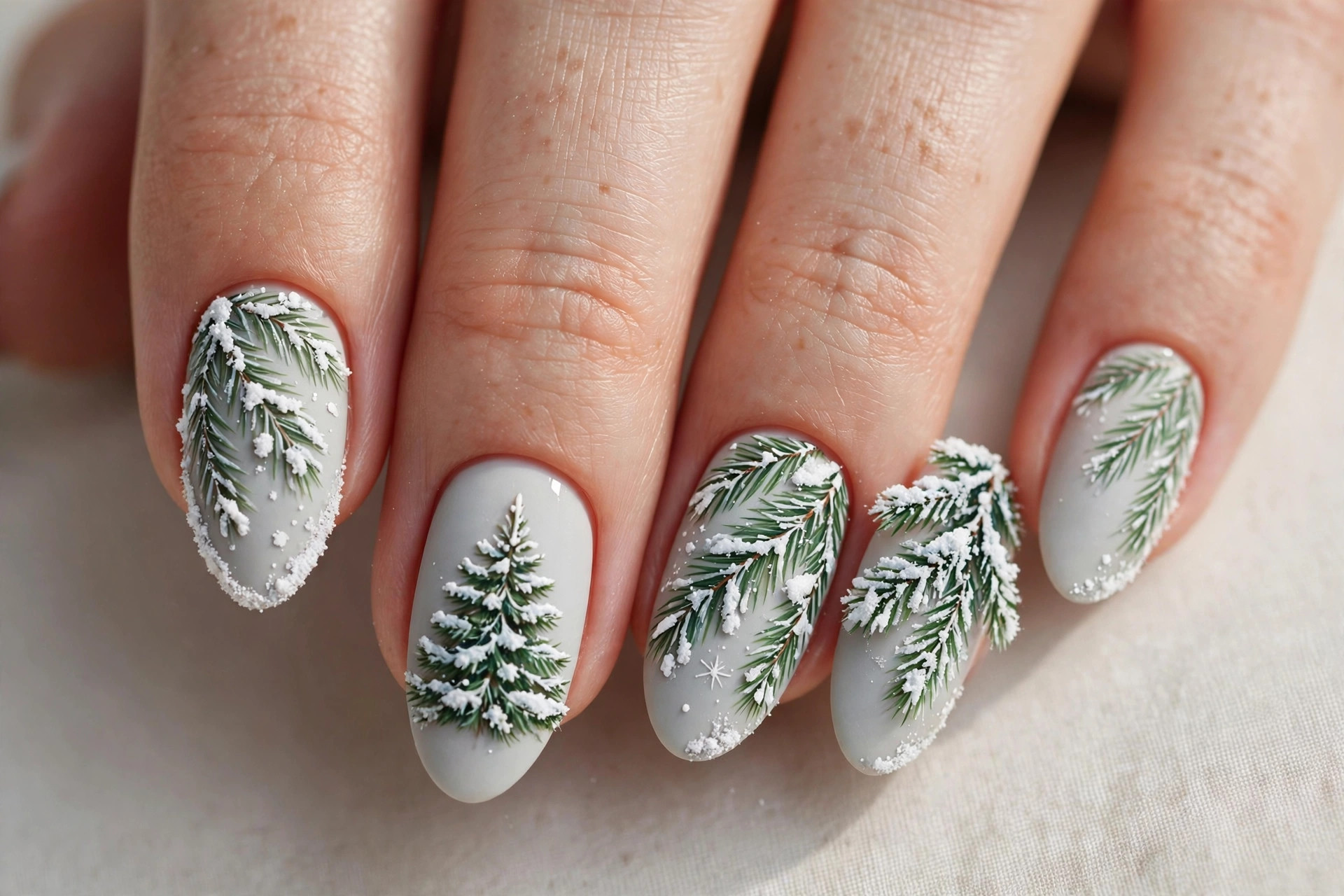 Snow-dusted pine Christmas tree nail art with white snowy branch tips