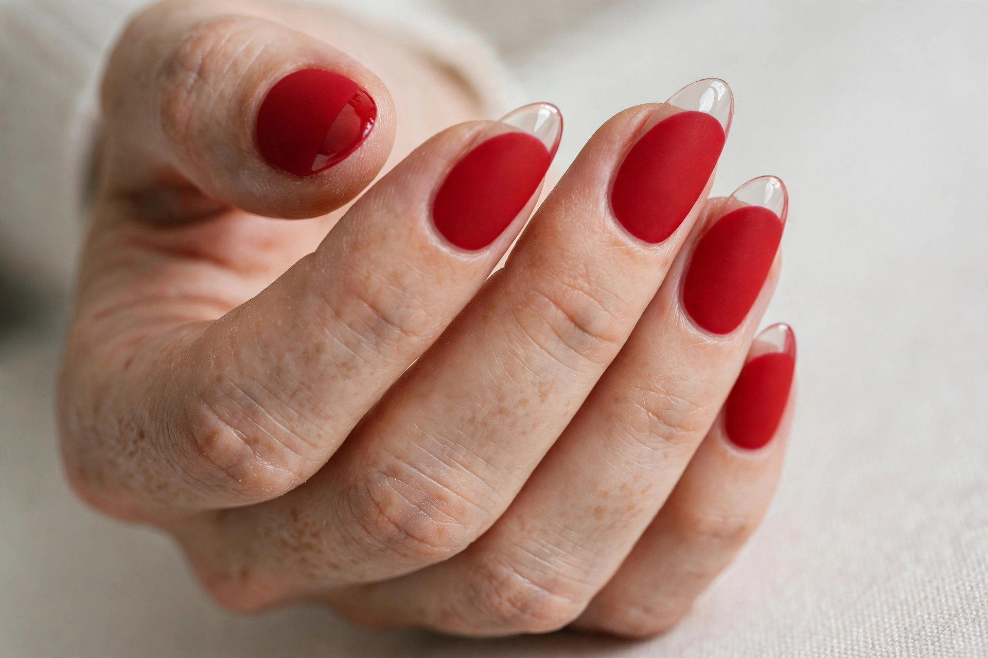 Matte red nails with glossy accent details