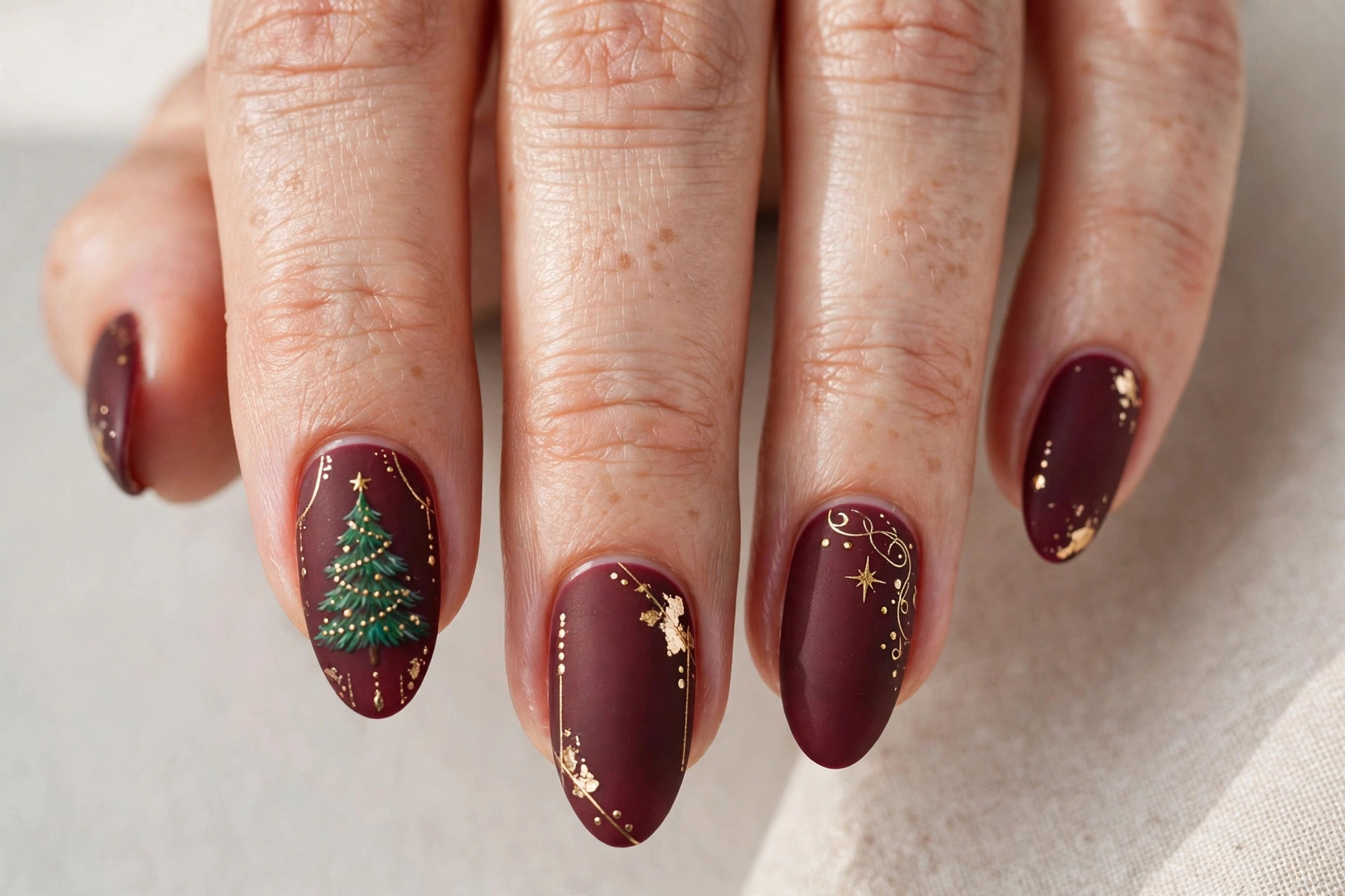 Gold Christmas tree nail art with gold details on matte burgundy base