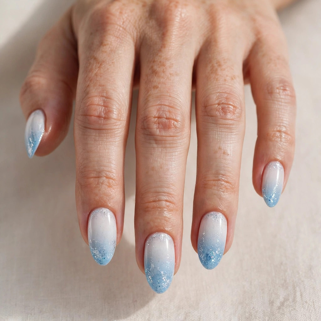 Close-up of a woman's hand with white to ice blue ombre winter wonderland nails