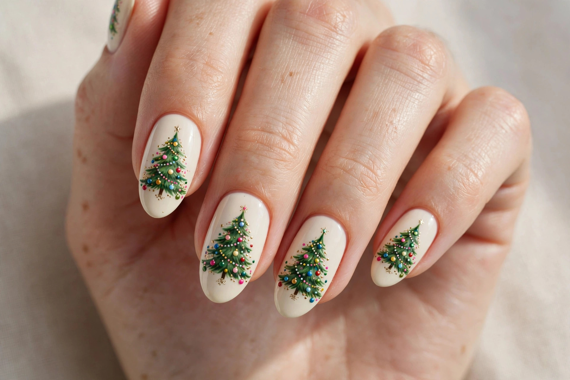 Christmas tree nail art decorated with tiny painted ornament dots
