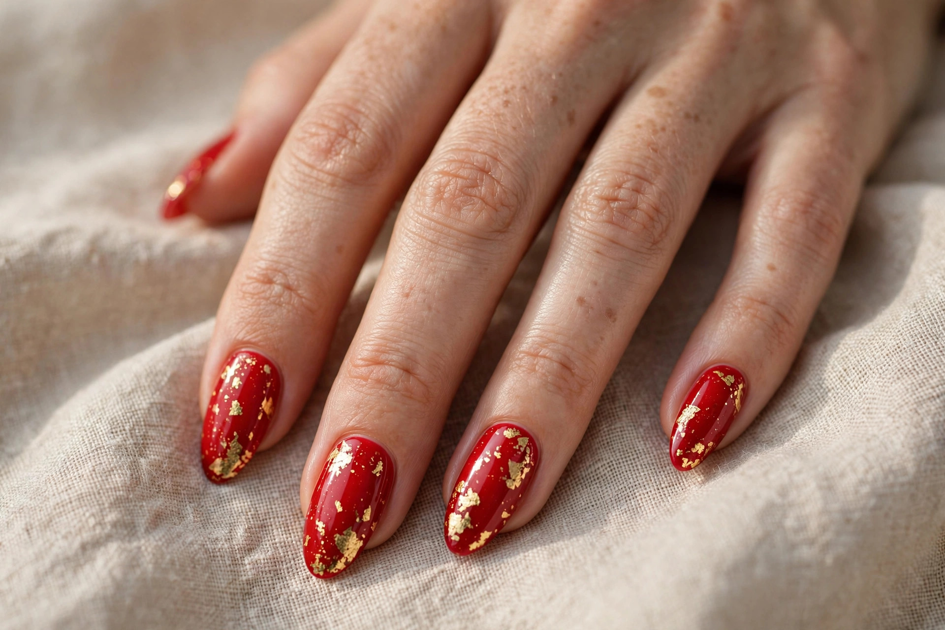 Glossy red nails with scattered gold foil flakes