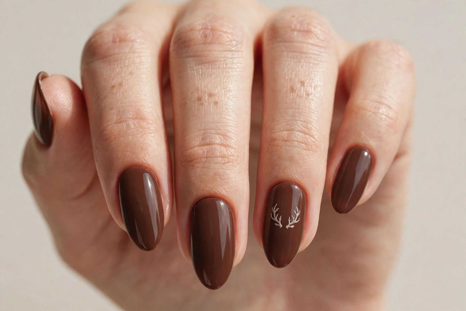 Close-up of a woman's hand with chocolate brown nails and a reindeer antler accent nail